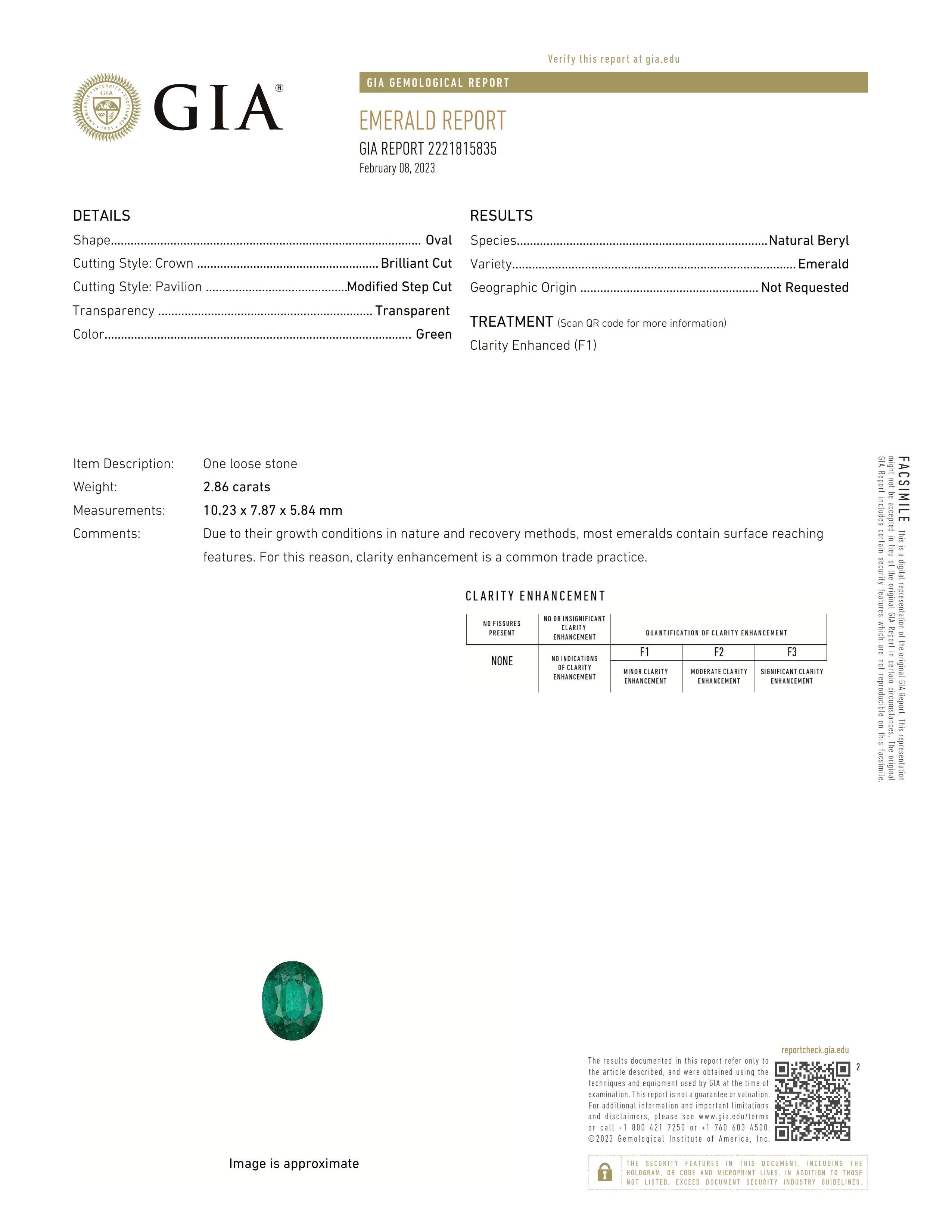 GIA zertifiziert 2,86ct Oval Form Smaragd 
F1 10.23x7.87x5.84mm GIA #2221815835