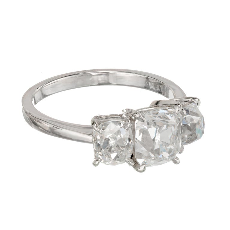 Old Mine Cut GIA Certified 2.87 Carat Diamond Three-Stone Platinum Ring For Sale