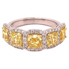 GIA Certified 2.87 Fancy Vivid Yellow Graduating Cushion Cut Multi Stone Band