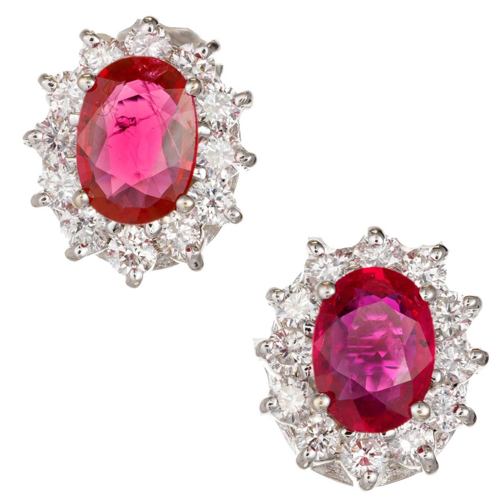 GIA Certified 2.88 Carat Bright Red Oval Ruby Diamond Gold Stud Earrings