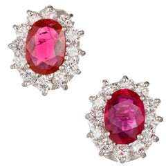 GIA Certified 2.88 Carat Bright Red Oval Ruby Diamond Gold Stud Earrings