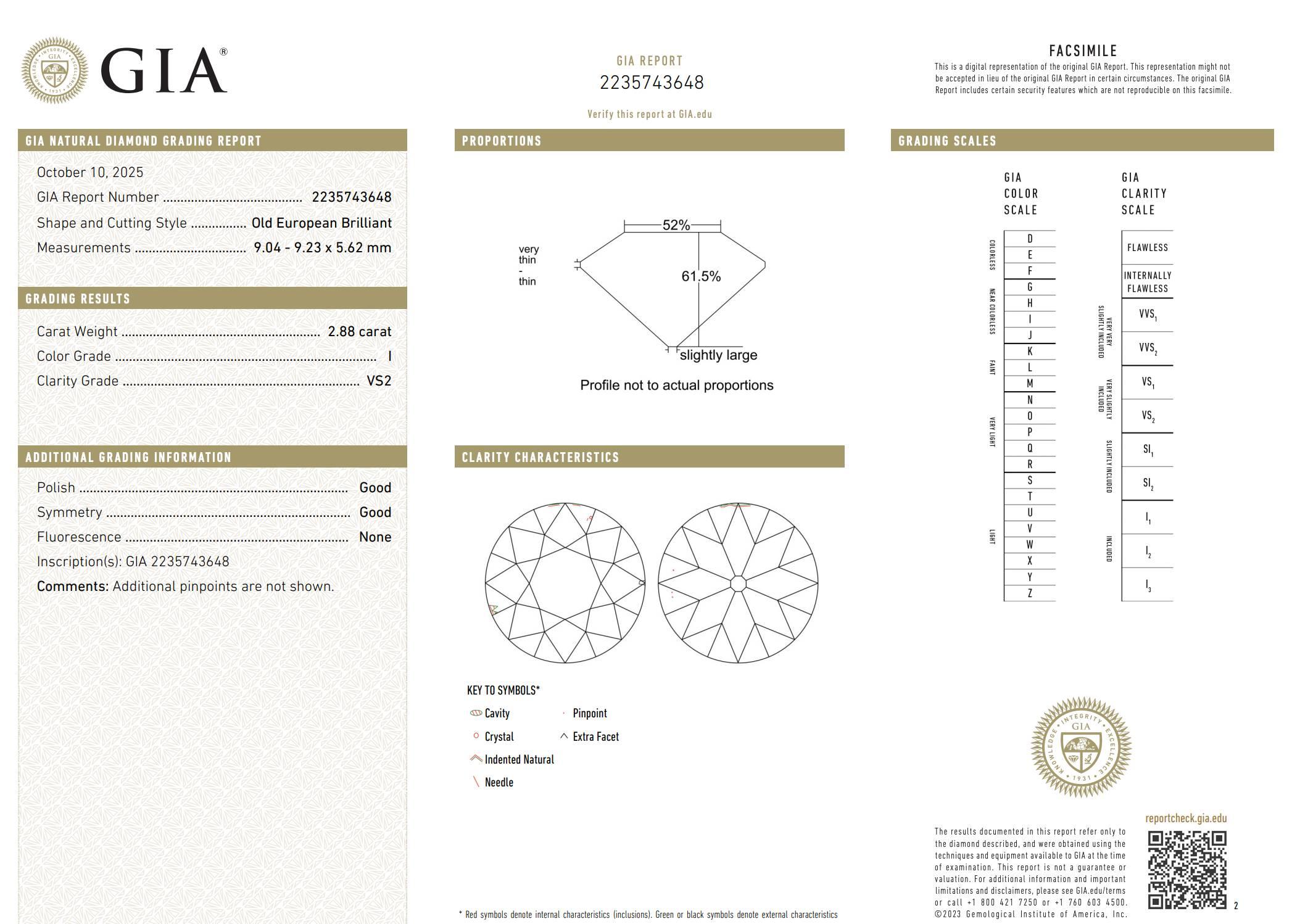 Bague de fiançailles certifiée GIA 2.88 I VS2 Diamant naturel de taille ancienne européenne Excellent état - En vente à  Baltimore, MD