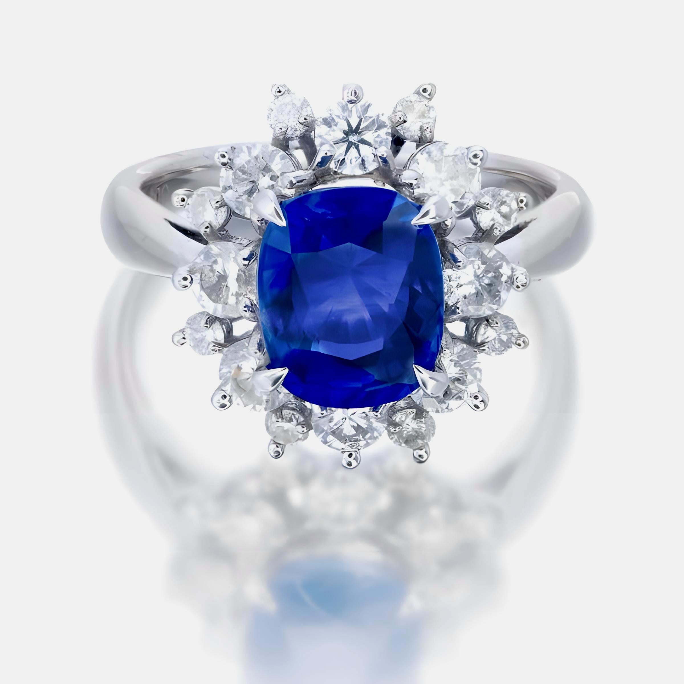 GIA zertifiziert 2,89 Karat Burma keine Hitze blauer Saphir Ring in 18K Weißgold (Rundschliff) im Angebot