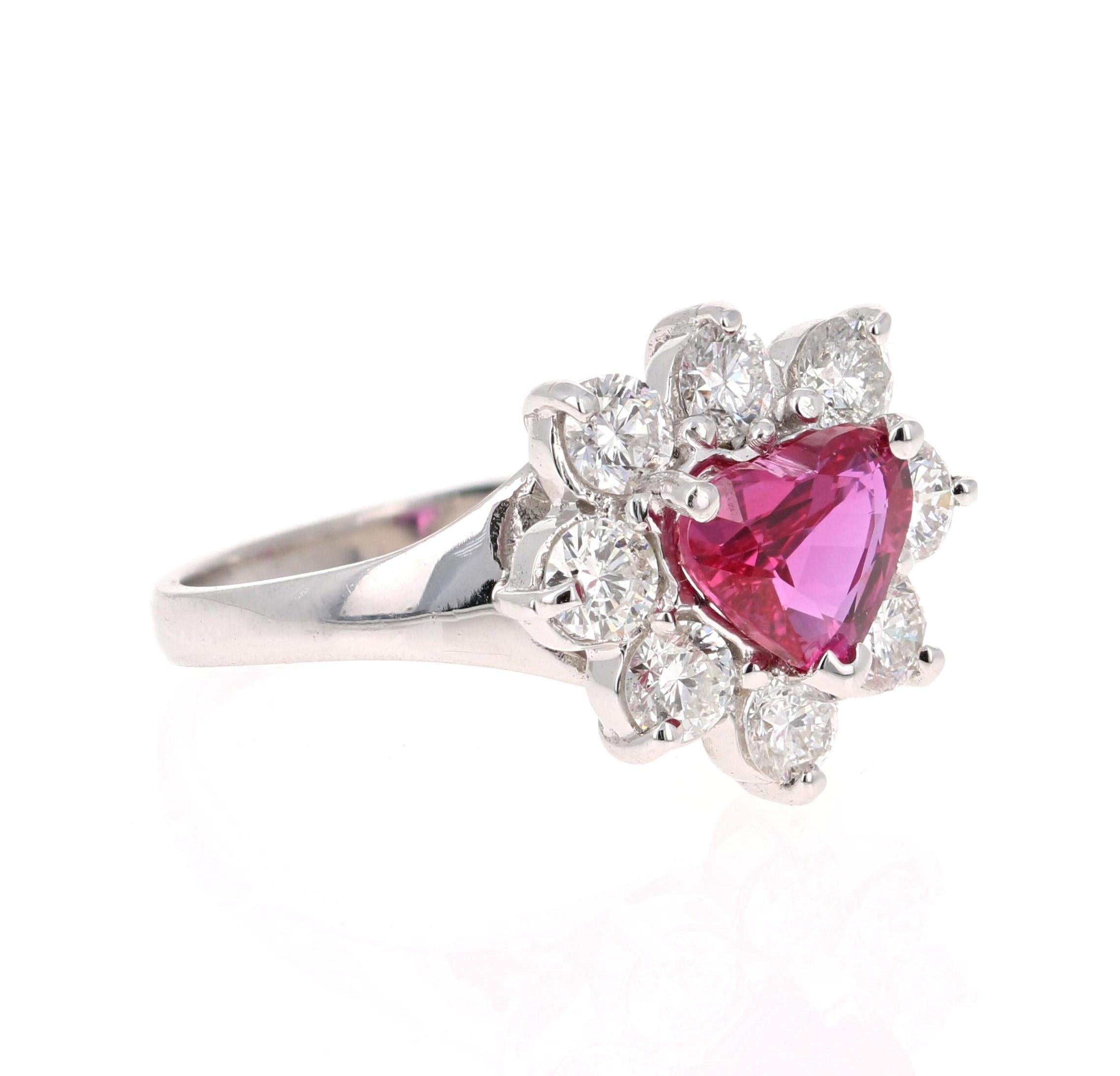 This ring has a stunning Heart Cut GIA Certified Ruby that weighs 1.72 carats.  There are 8 Round Cut Diamonds that weigh 1.17 Carats                  
 (Clarity: SI Color: F)  The total carat weight of the ring is 2.89 Carats. 

This ring is casted