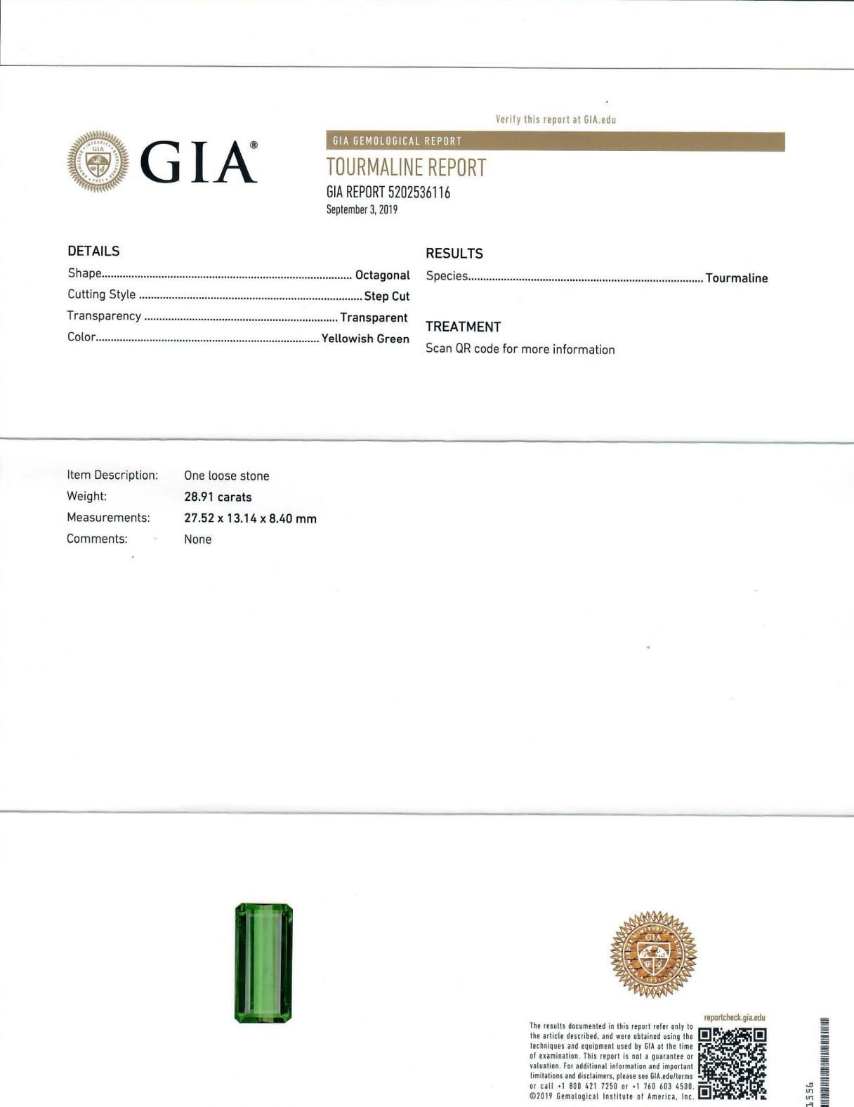 Emerald Cut GIA Certified 28.91 Carat No Heating Tourmaline For Sale