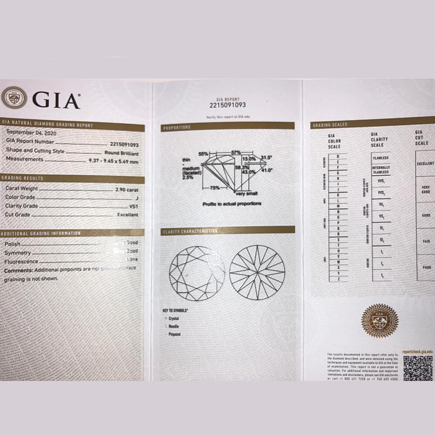 Women's GIA Certified 2.9 Carat Round Diamond Classic Pave Platinum Ring 10.4 G