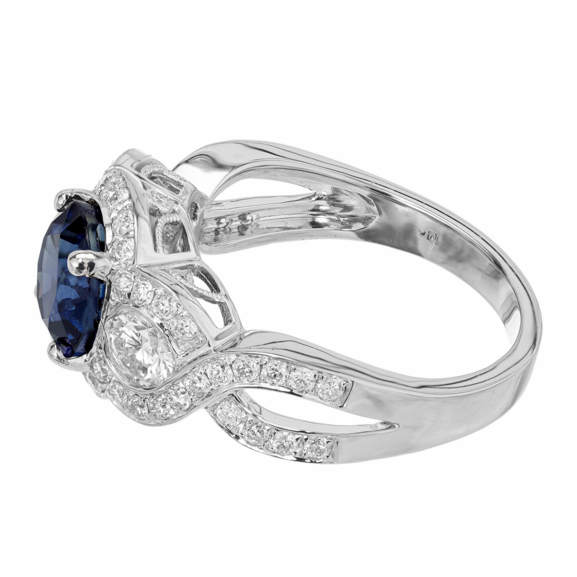 Round Cut GIA Certified 2.91 Carat Round Sapphire Diamond Swirl Halo Gold Engagement Ring For Sale