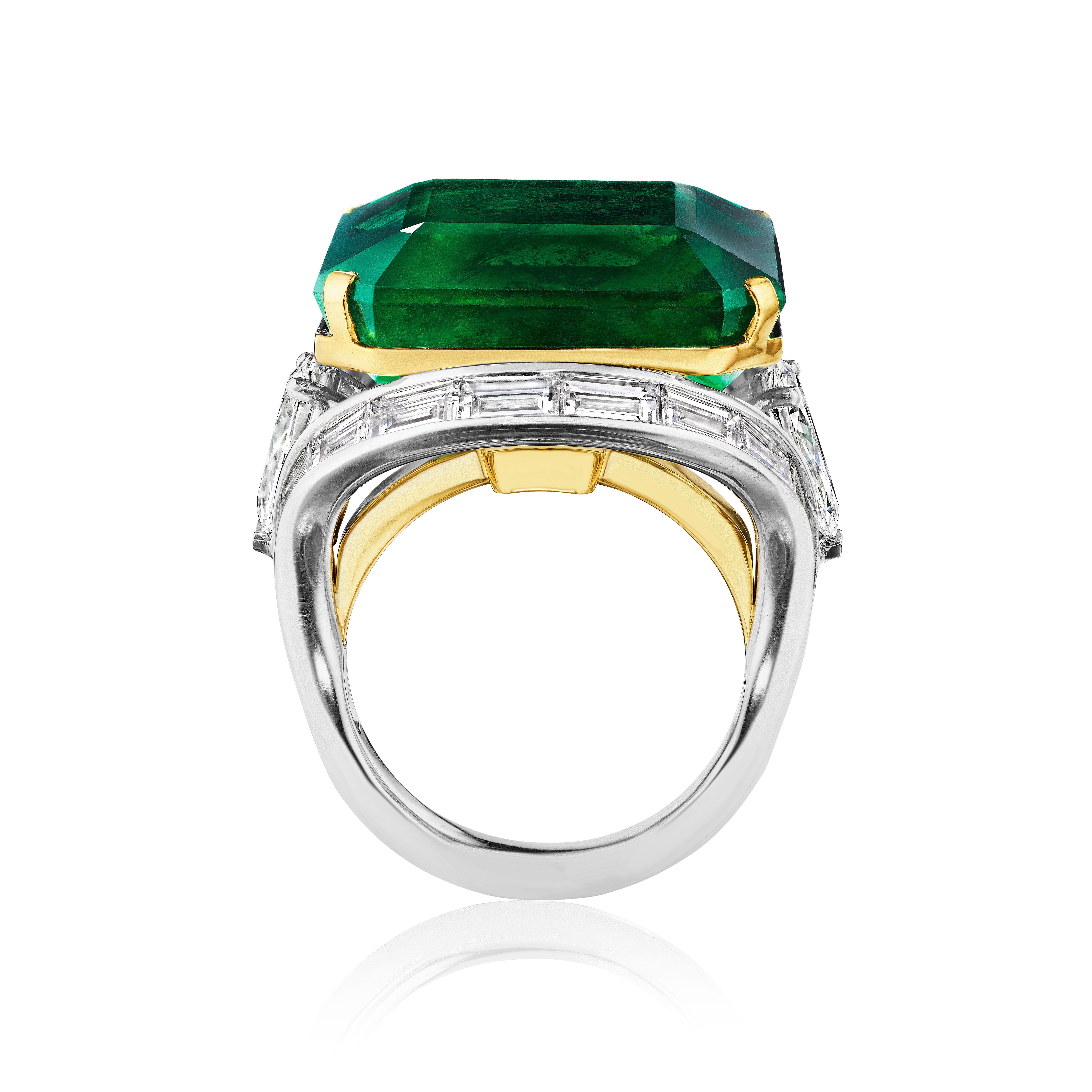 Emerald Cut GIA Certified 29.10 Carat Fine Emerald and Diamond Ring For Sale