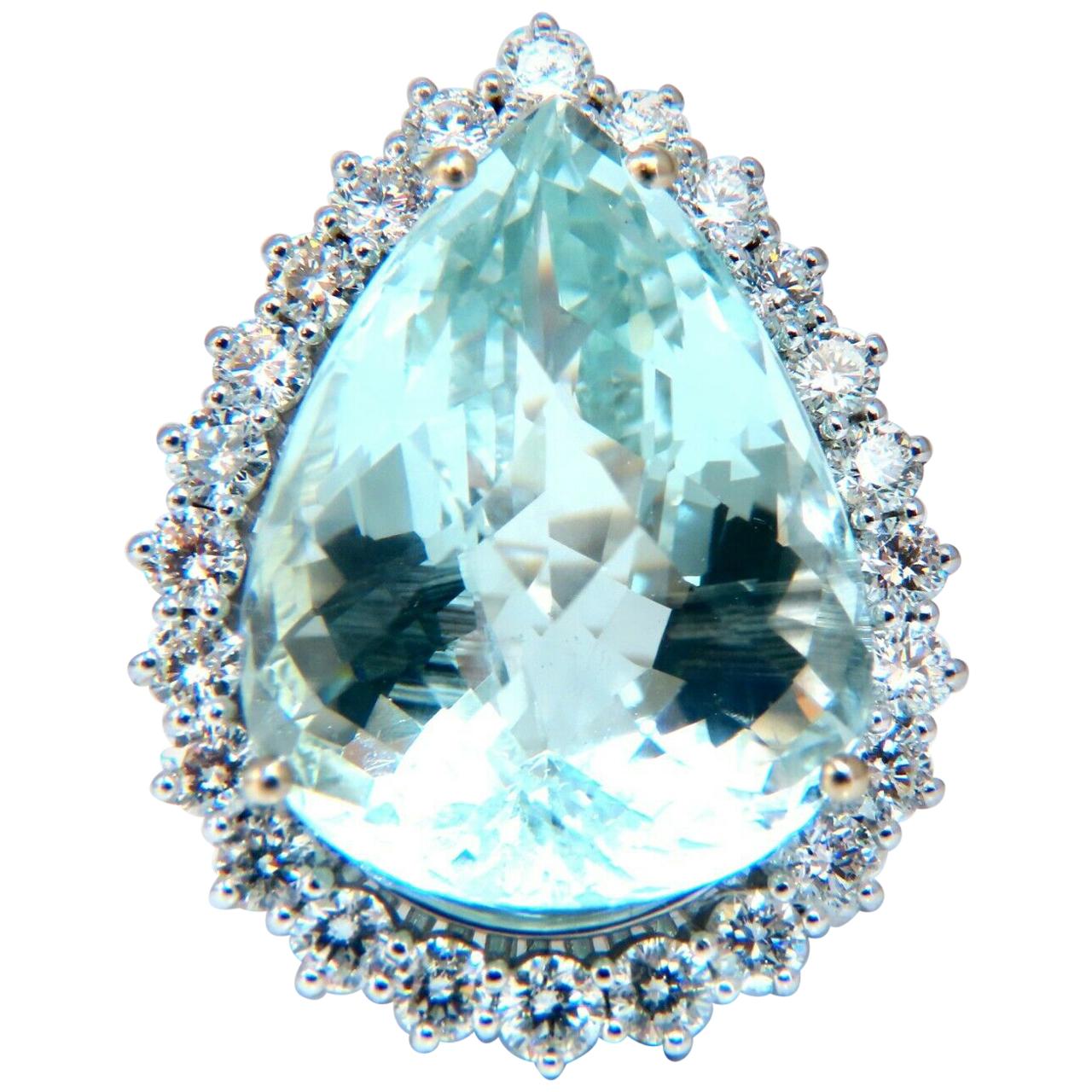 GIA Certified 29.31 Carat Natural Pear Shaped Aquamarine Diamonds Ring 14 Karat