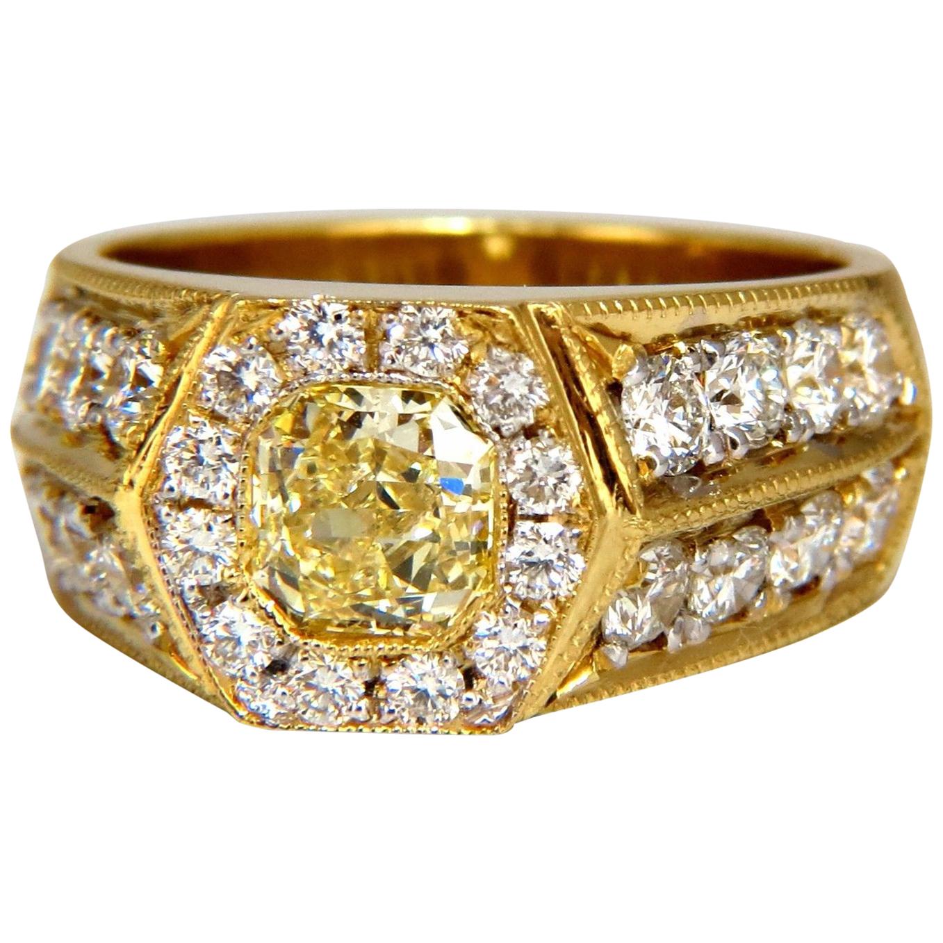 GIA Certified 2.95ct natural Fancy Yellow diamonds mens ring 18kt Hexagon Deck