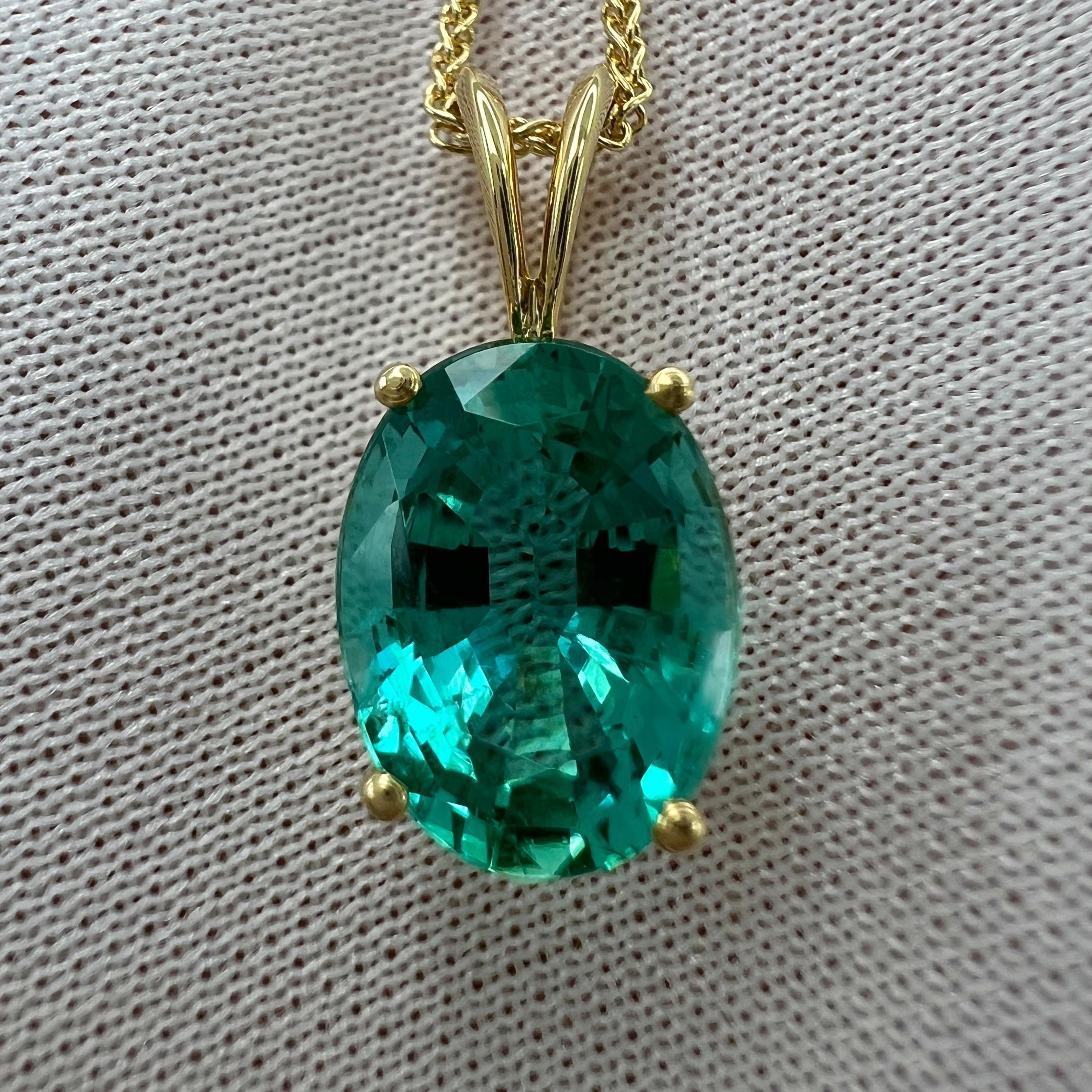 GIA Certified 2.95ct Vivid Blue Green Oval Cut Emerald 18k Gold Pendant Necklace For Sale 6