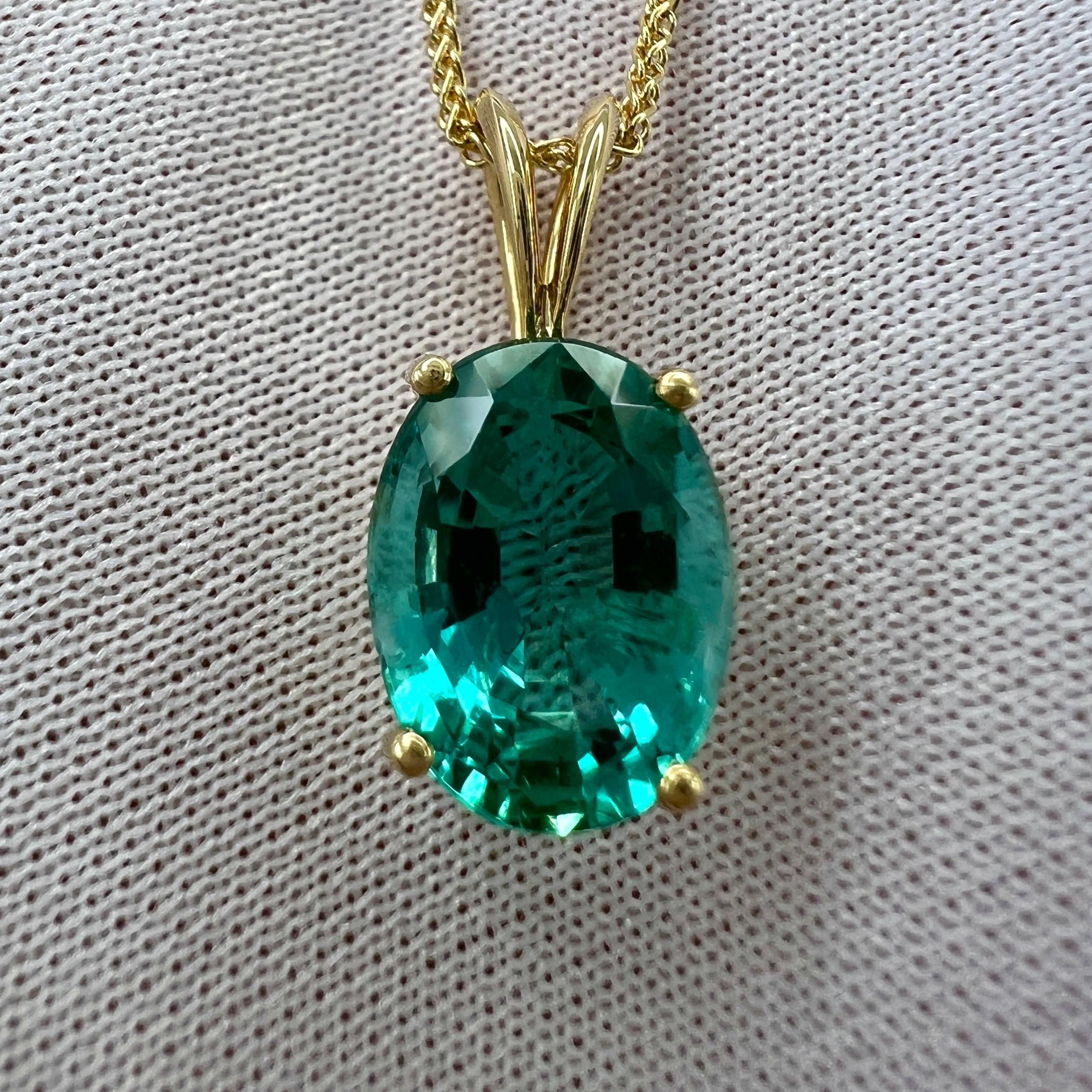 GIA Certified 2.95ct Vivid Blue Green Oval Cut Emerald 18k Gold Pendant Necklace For Sale 7