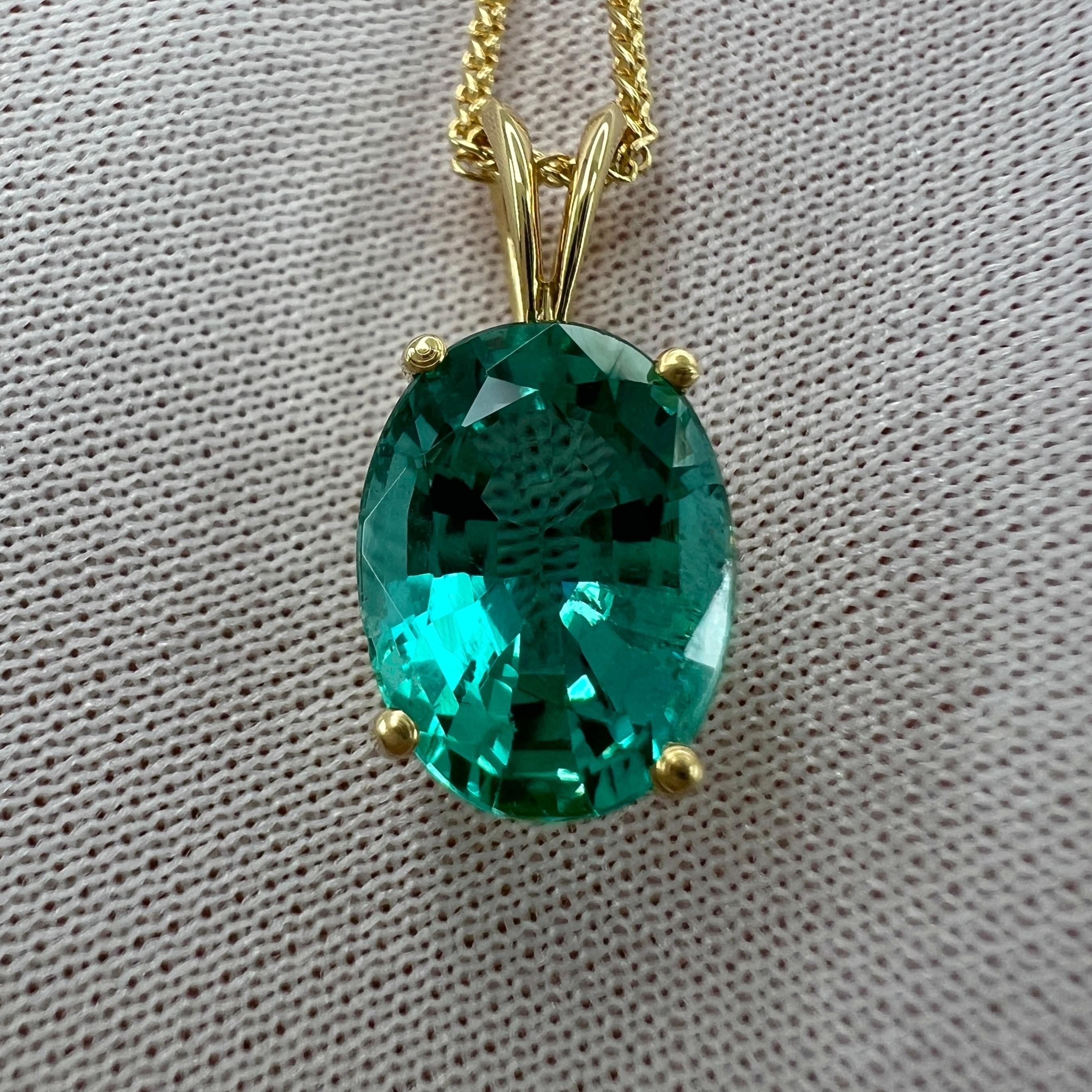 GIA Certified 2.95ct Vivid Blue Green Oval Cut Emerald 18k Gold Pendant Necklace For Sale 1