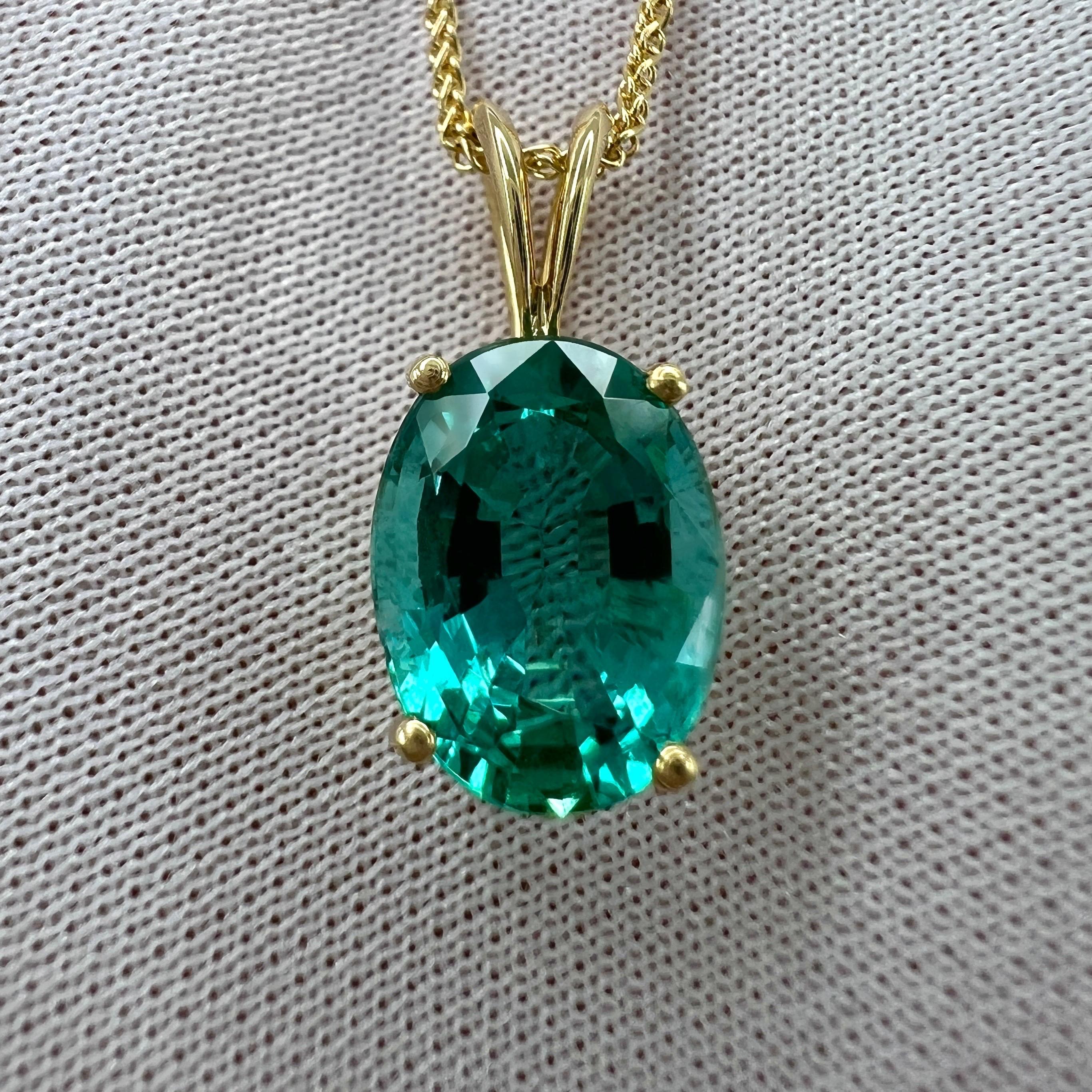 GIA Certified 2.95ct Vivid Blue Green Oval Cut Emerald 18k Gold Pendant Necklace For Sale 2
