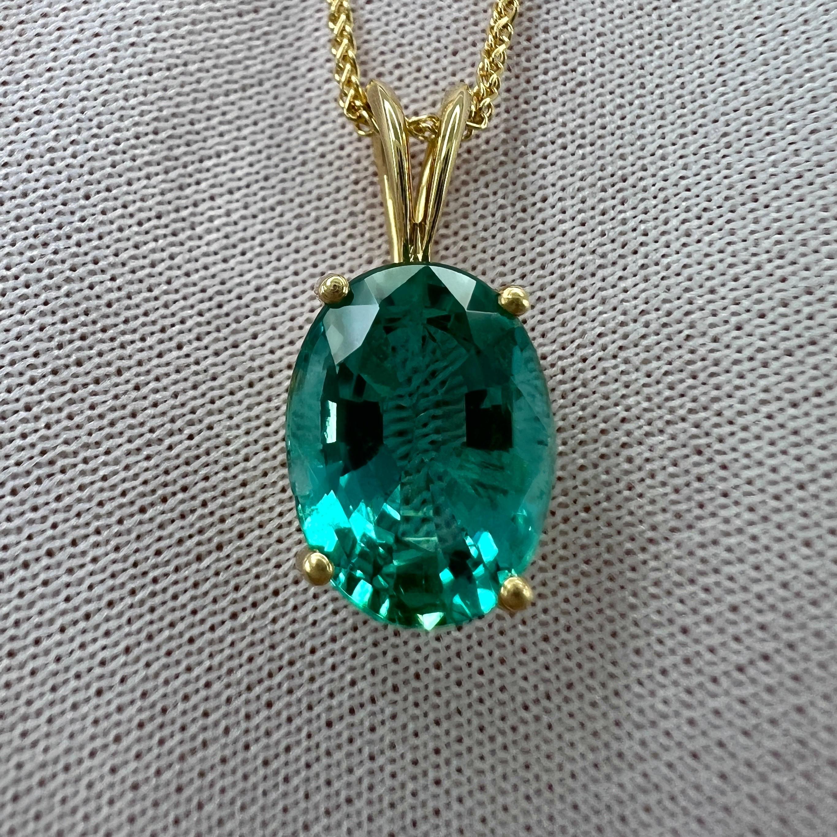 GIA Certified 2.95ct Vivid Blue Green Oval Cut Emerald 18k Gold Pendant Necklace For Sale 4