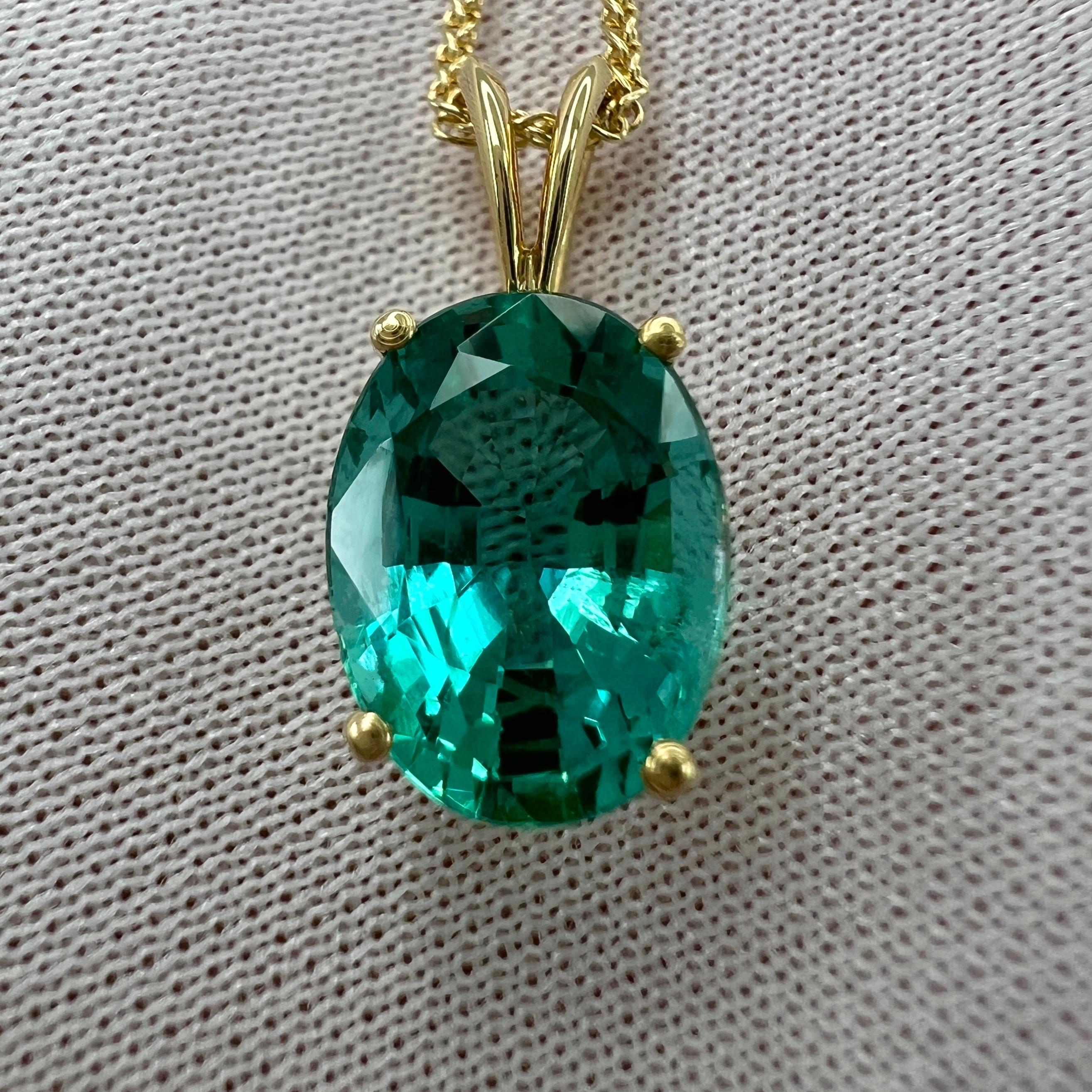 GIA Certified 2.95ct Vivid Blue Green Oval Cut Emerald 18k Gold Pendant Necklace For Sale 5