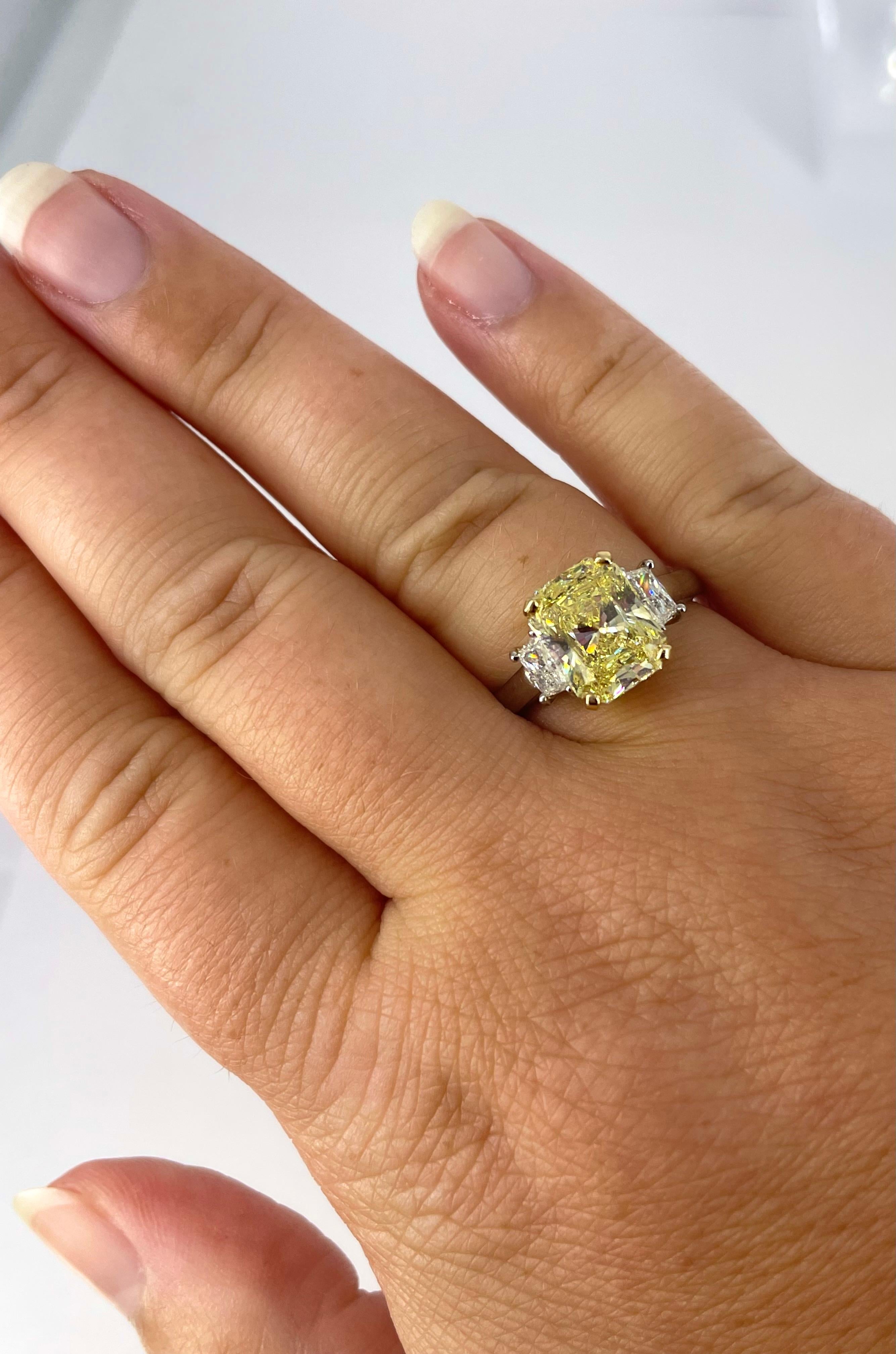 Radiant Cut J. Birnbach 2.96 Carat Fancy Intense Yellow Radiant Diamond Gold Platinum Ring For Sale