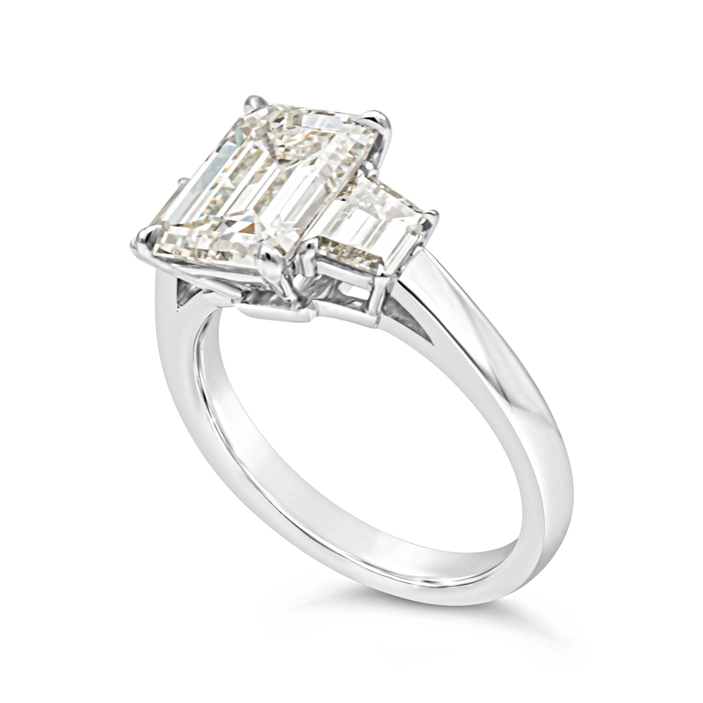 Contemporary GIA Certified 2.96 Carats Emerald Cut Diamond Three Stone Engagement Ring For Sale