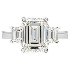 GIA Certified 2.96 Carats Emerald Cut Diamond Three Stone Engagement Ring