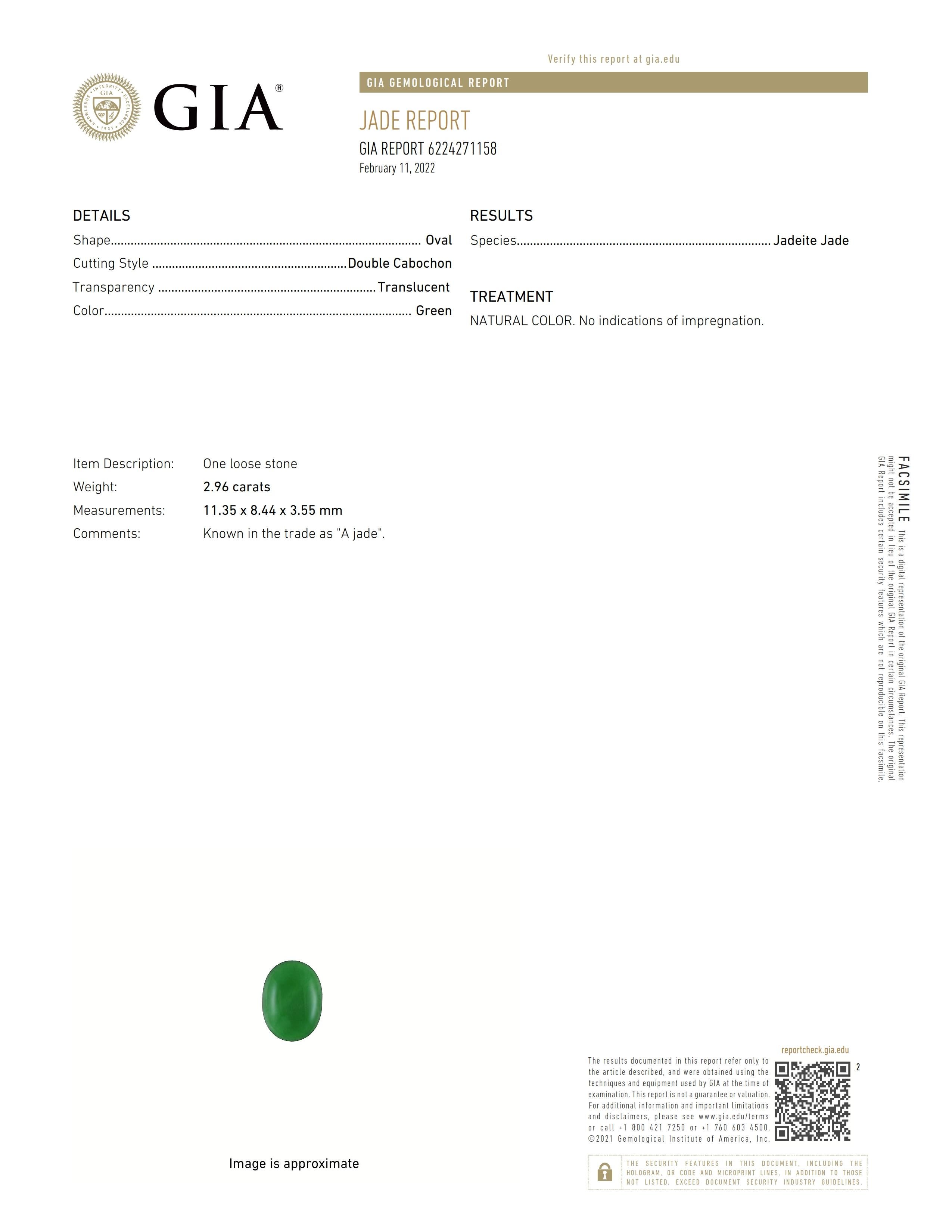 2,96 Karat Oval  Natürlicher Jadeit Jade 11,35 x 8,44 x 3,55 mm GIA #6224271158
Der Begriff 