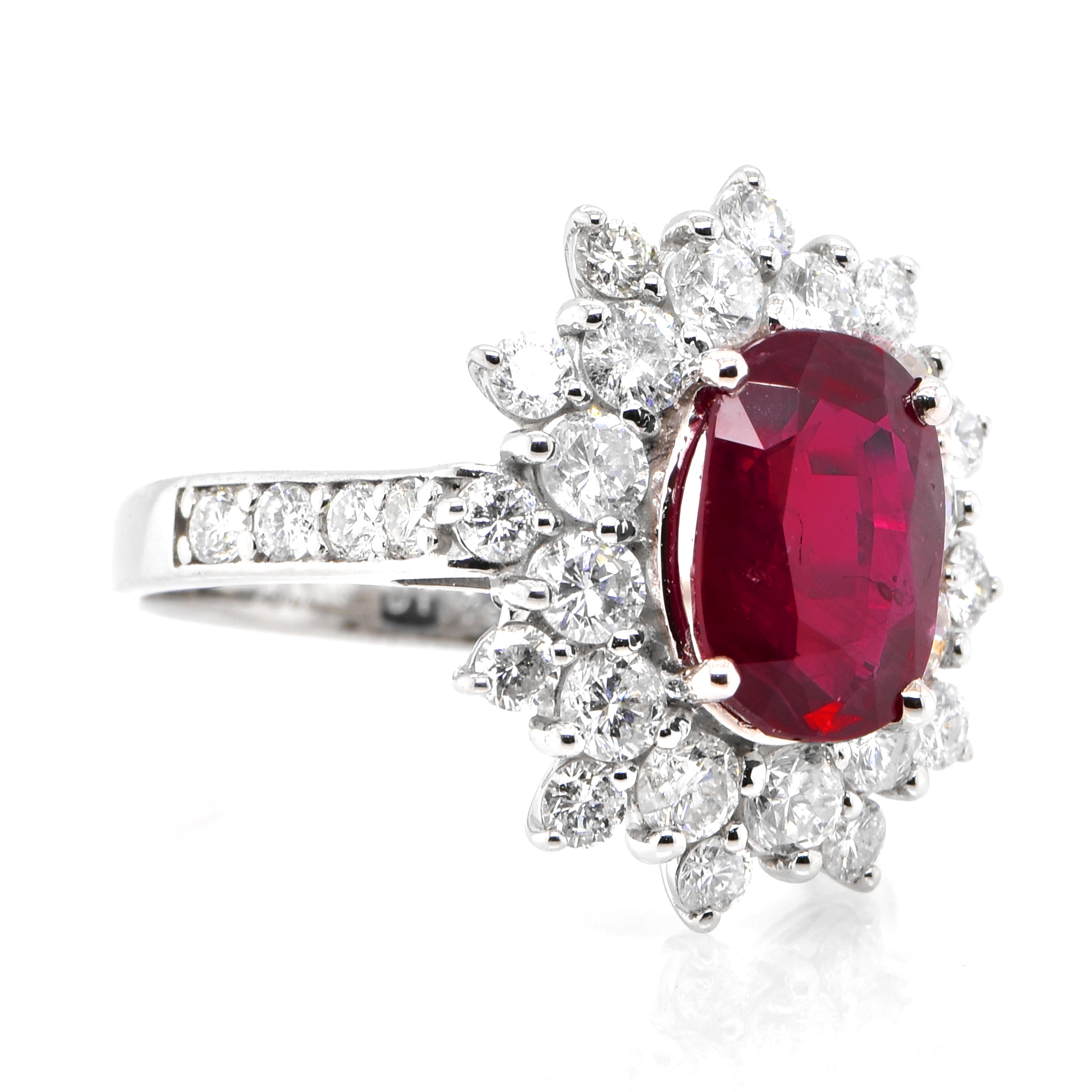 Modern GIA Certified 2.97 Carat Siam Ruby and Diamond Ring Made in Platinum For Sale