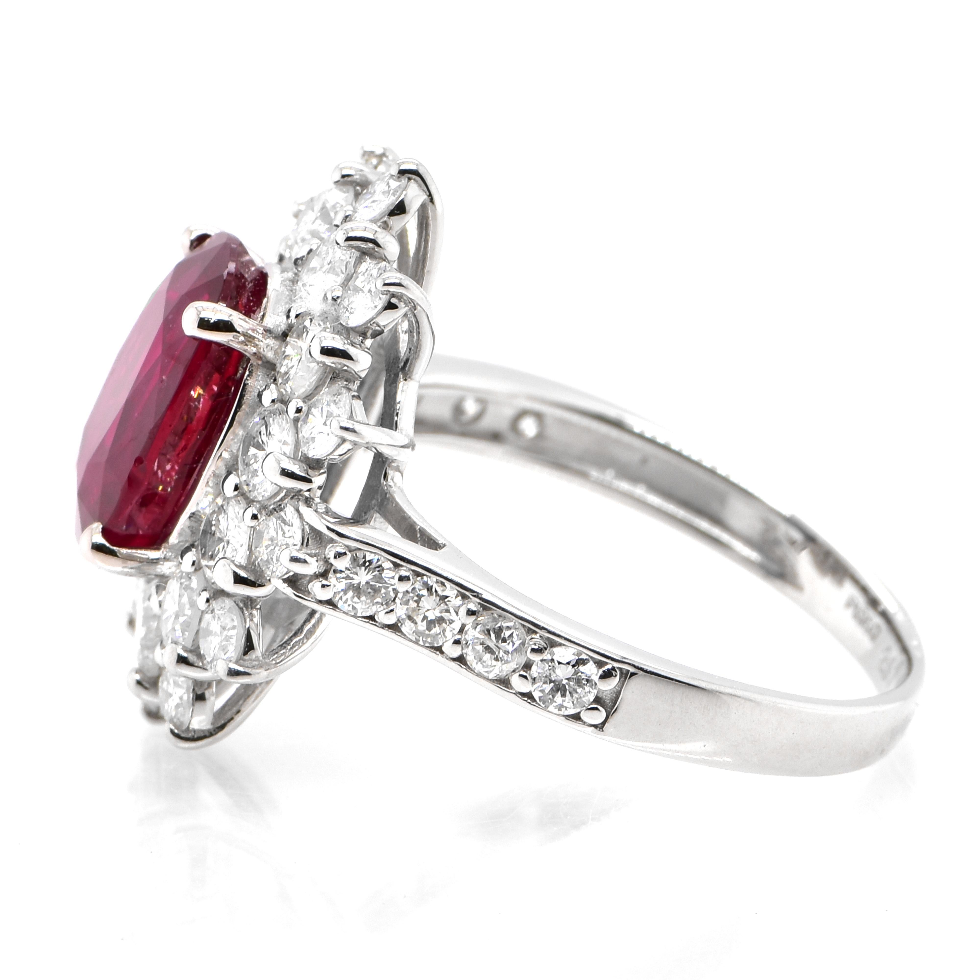 Oval Cut GIA Certified 2.97 Carat Siam Ruby and Diamond Ring Made in Platinum For Sale