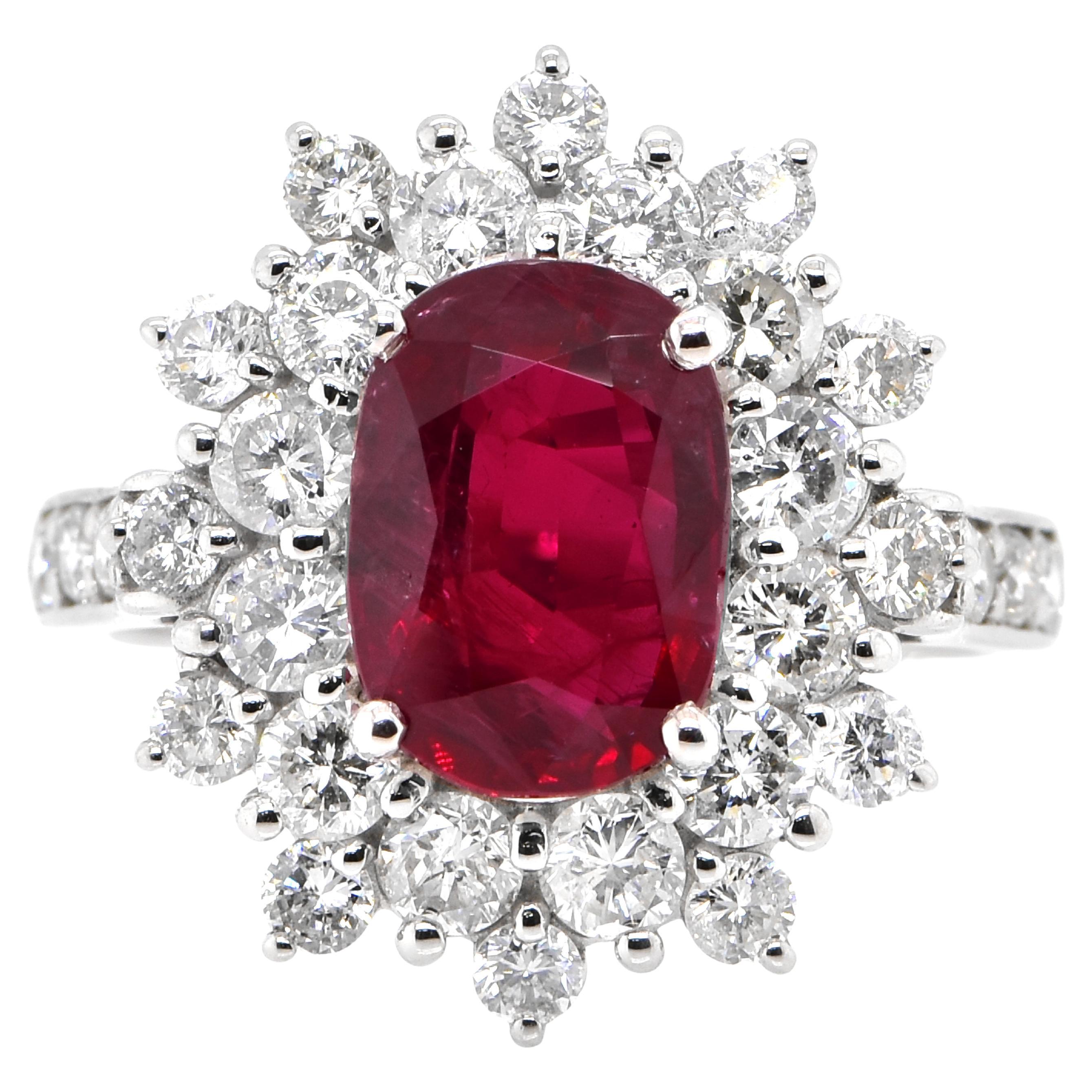 GIA Certified 2.97 Carat Siam Ruby and Diamond Ring Made in Platinum For Sale