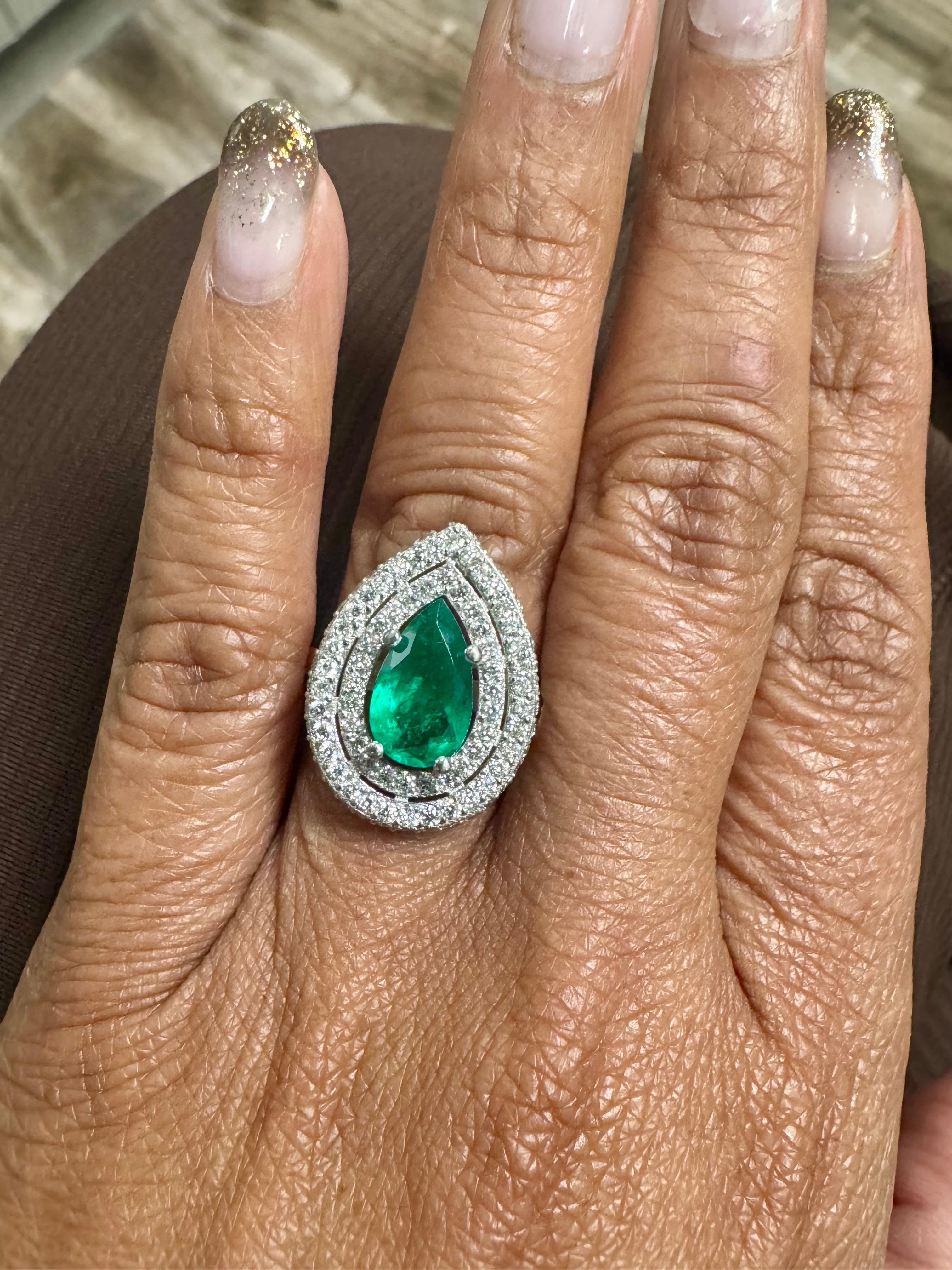 GIA Certified 2.99 Carat Double Halo Colombian Emerald Diamond White Gold Ring 5