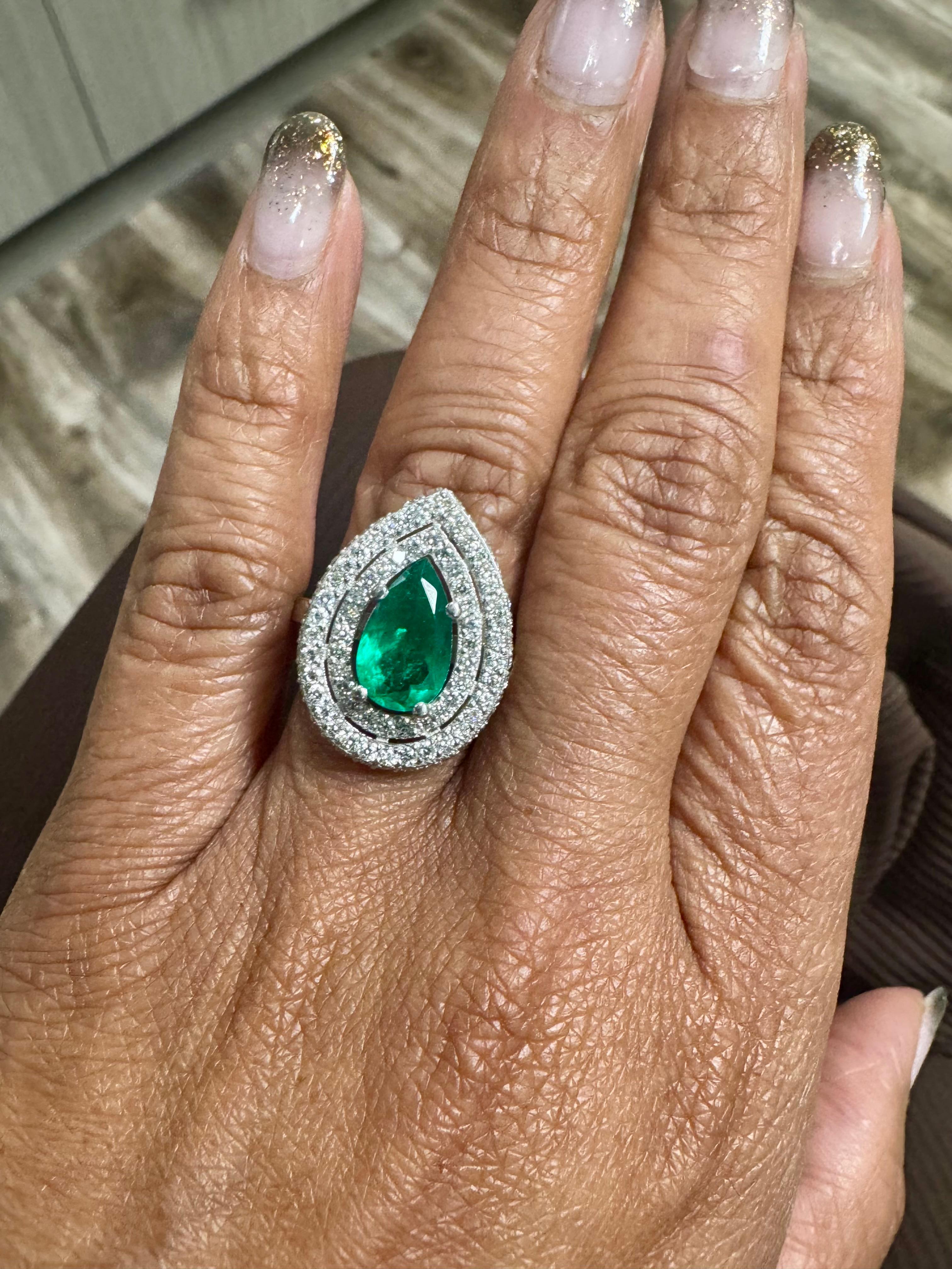 GIA Certified 2.99 Carat Double Halo Colombian Emerald Diamond White Gold Ring 1