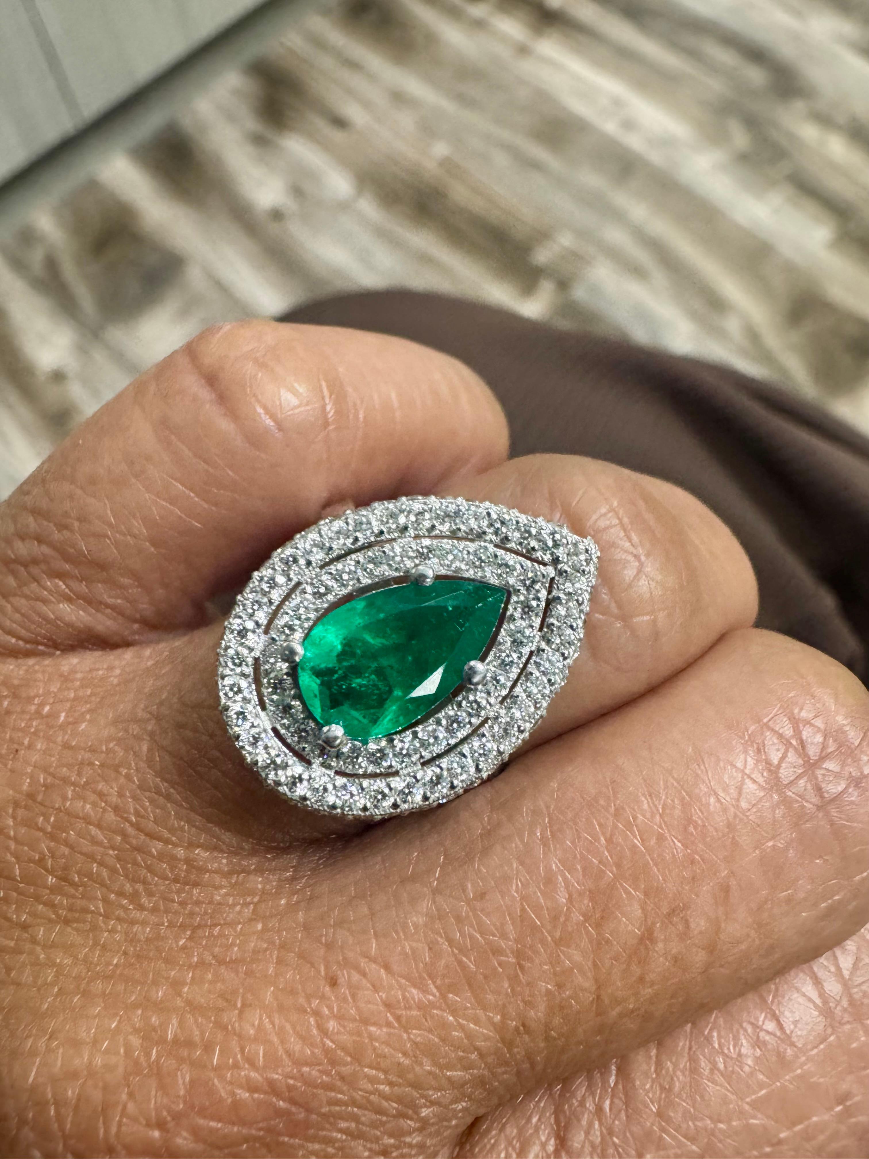 GIA Certified 2.99 Carat Double Halo Colombian Emerald Diamond White Gold Ring 3