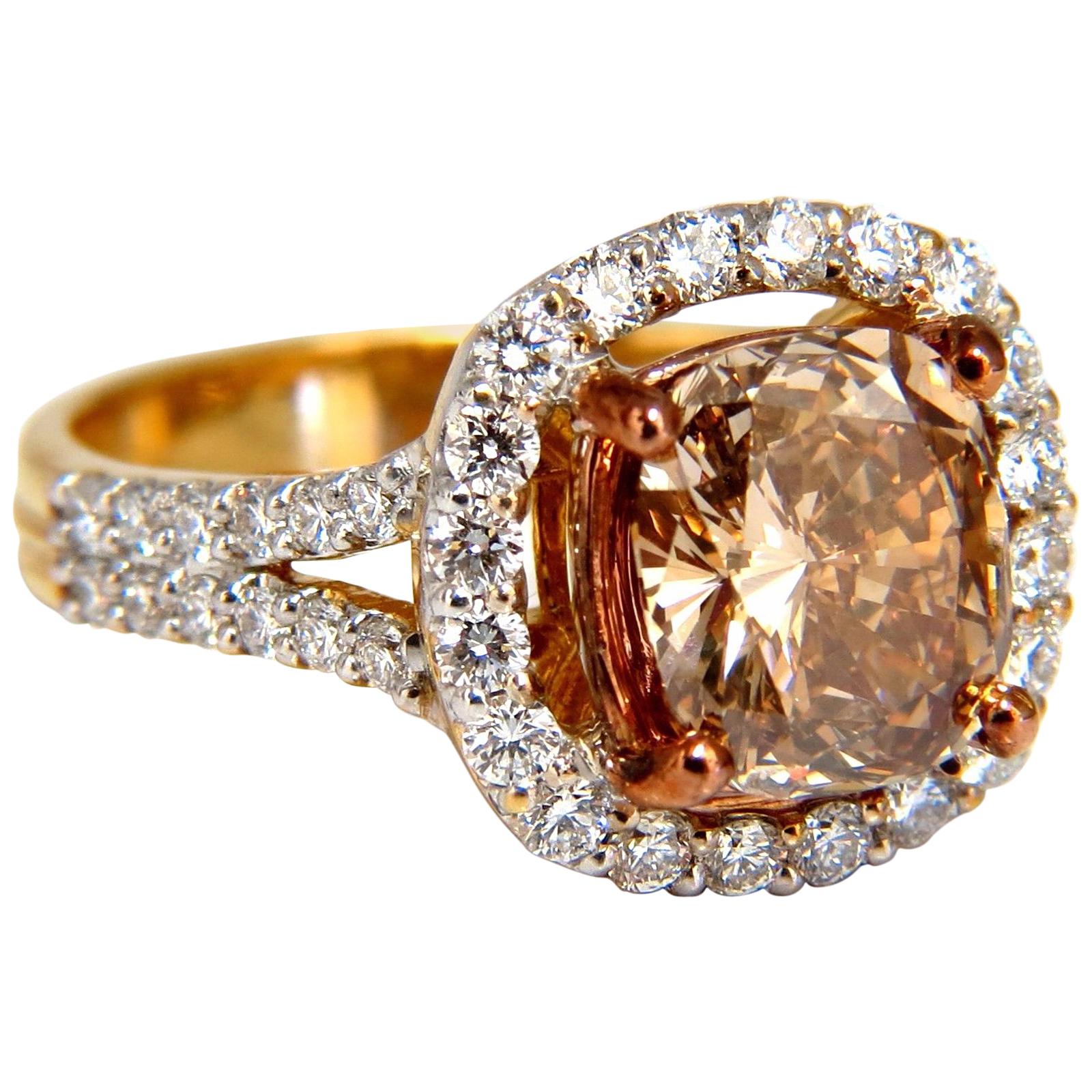 GIA Certified 2.99 Carat Fancy Brown Yellow Diamond Ring Halo Cluster 18 Karat*