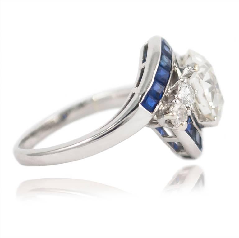 Art Deco GIA Certified 2.99 Carat Old European Cut Diamond and Sapphire Ring 