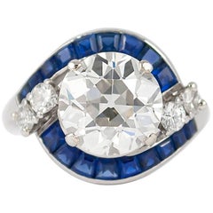 GIA Certified 2.99 Carat Old European Cut Diamond and Sapphire Ring 
