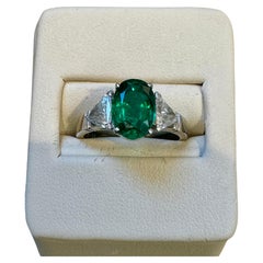GIA Certified 2Ct Fine Zambian Emerald & 1.5 Ct Total Trillion Diamond Ring plat