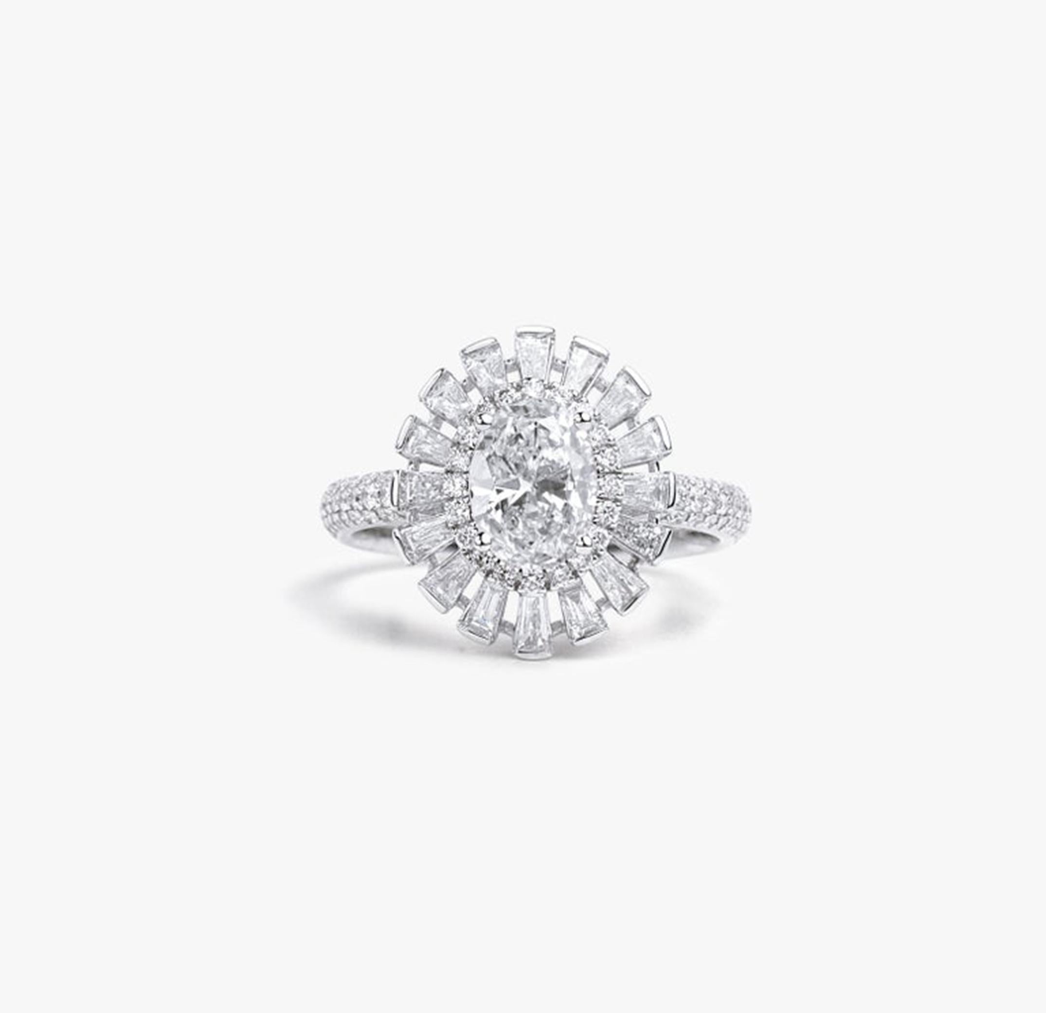 Anillo de compromiso con halo de diamantes talla baguette oval G VS certificado GIA de 2 quilates en venta 1