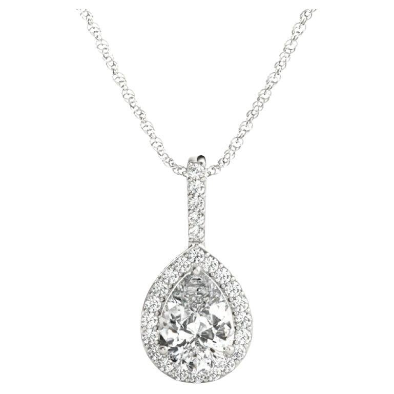 GIA Certified 2ct Pear Diamond Tapered Halo Pendant Necklace For Sale