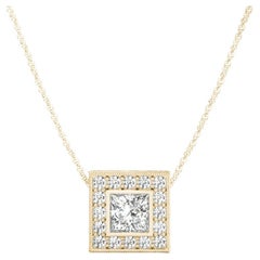 GIA Certified 2ct Princess Diamond Milgrain Halo Gold Pendant Necklace