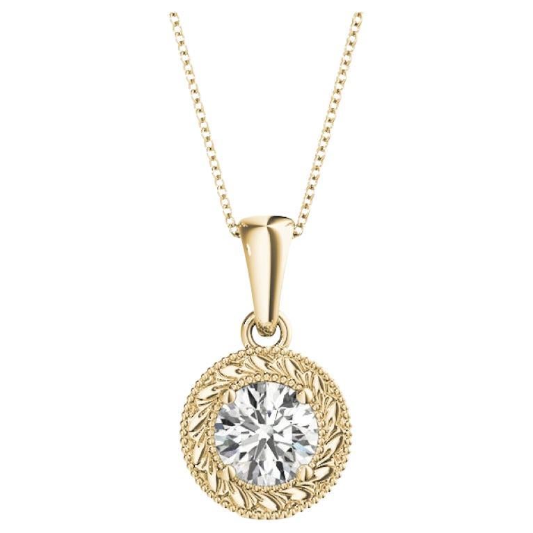 GIA Certified 2ct Round Diamond Engraved Medallion Yellow Gold Pendant Necklace