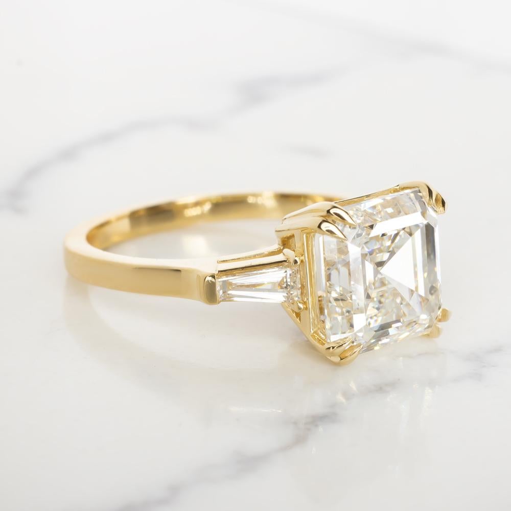 GIA Certified 3 Carat Asscher Cut  Diamond Solitaire Ring
Internally Flawless clarity
G color
Excellent polish
Excellent symmetry
none fluorescence 
handmade in Italy in solid 18 carats yellow gold