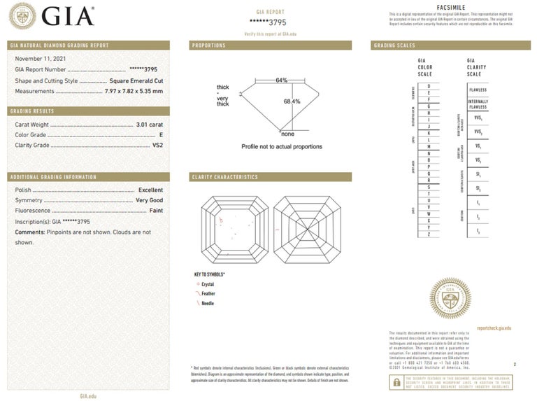 Women's or Men's GIA Certified 3 Carat Asscher Cut E Color Diamond Solitaire Ring For Sale