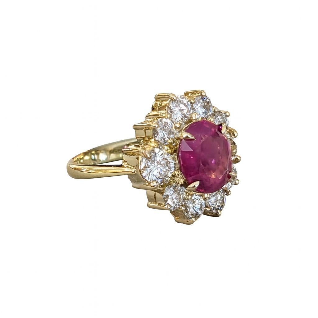 GIA Certified 3.00 Carat Burma No-Heat Ruby and Diamond Ring

This striking cocktail ring centers on a natural oval-cut ruby weighing 3.00 carats. The ruby is of Burmese origin and is certified by GIA as not heated, a rare and highly desirable