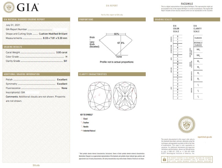 GIA Certified 3 Carat Cushion Cut Diamond Platinum Ring In New Condition For Sale In Rome, IT