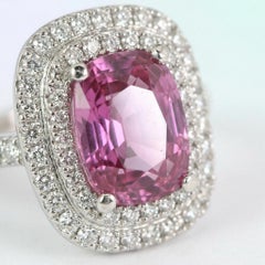 GIA Certified 3 Carat Cushion Pink Sapphire Double Halo Diamond Platinum Ring