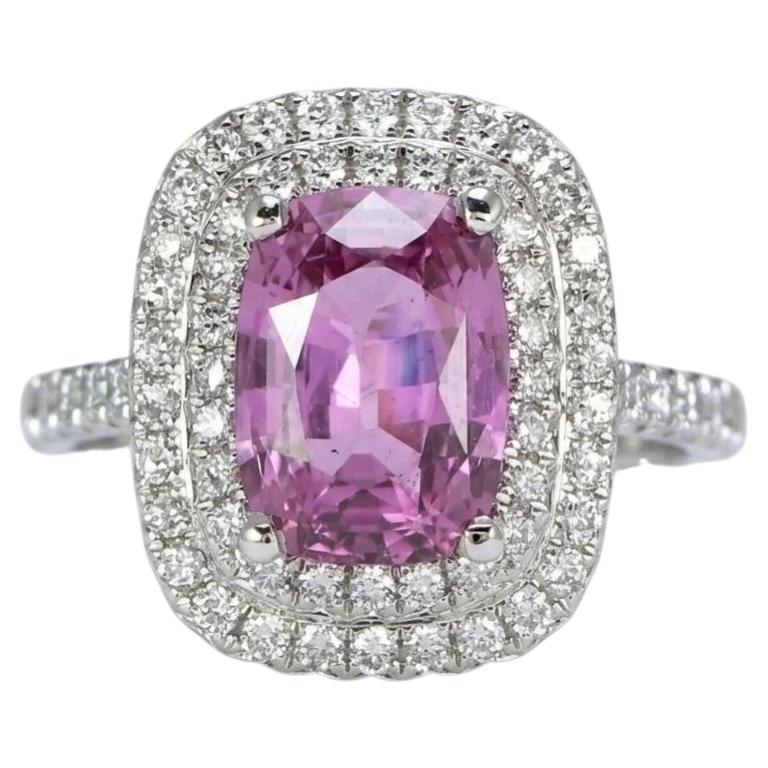 GIA Certified 3 Carat Cushion Pink Sapphire Double Halo Diamond Platinum Ring For Sale