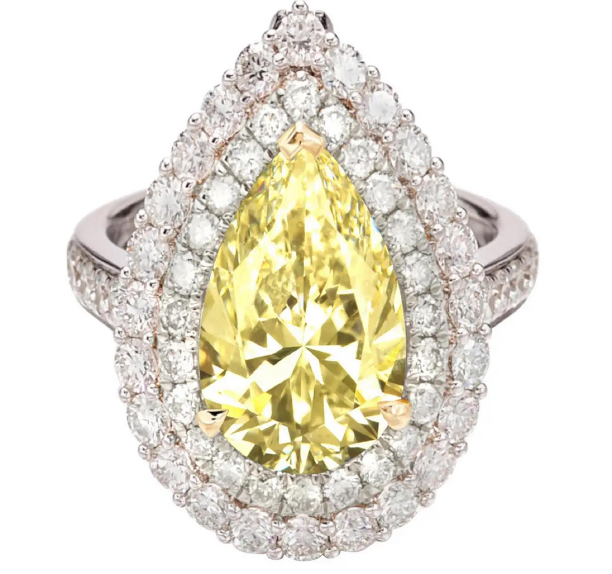 GIA zertifizierter 3 Karat Double Prong Fancy Hellgelber Diamant 18 Karat Gold Ring (Tropfenschliff)