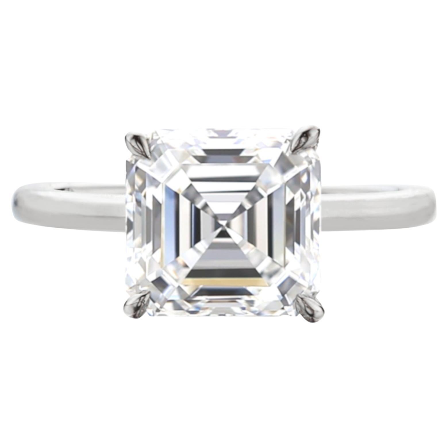 GIA Certified 3 Carat E Color Square Emerald Cut Diamond Platinum Ring For Sale