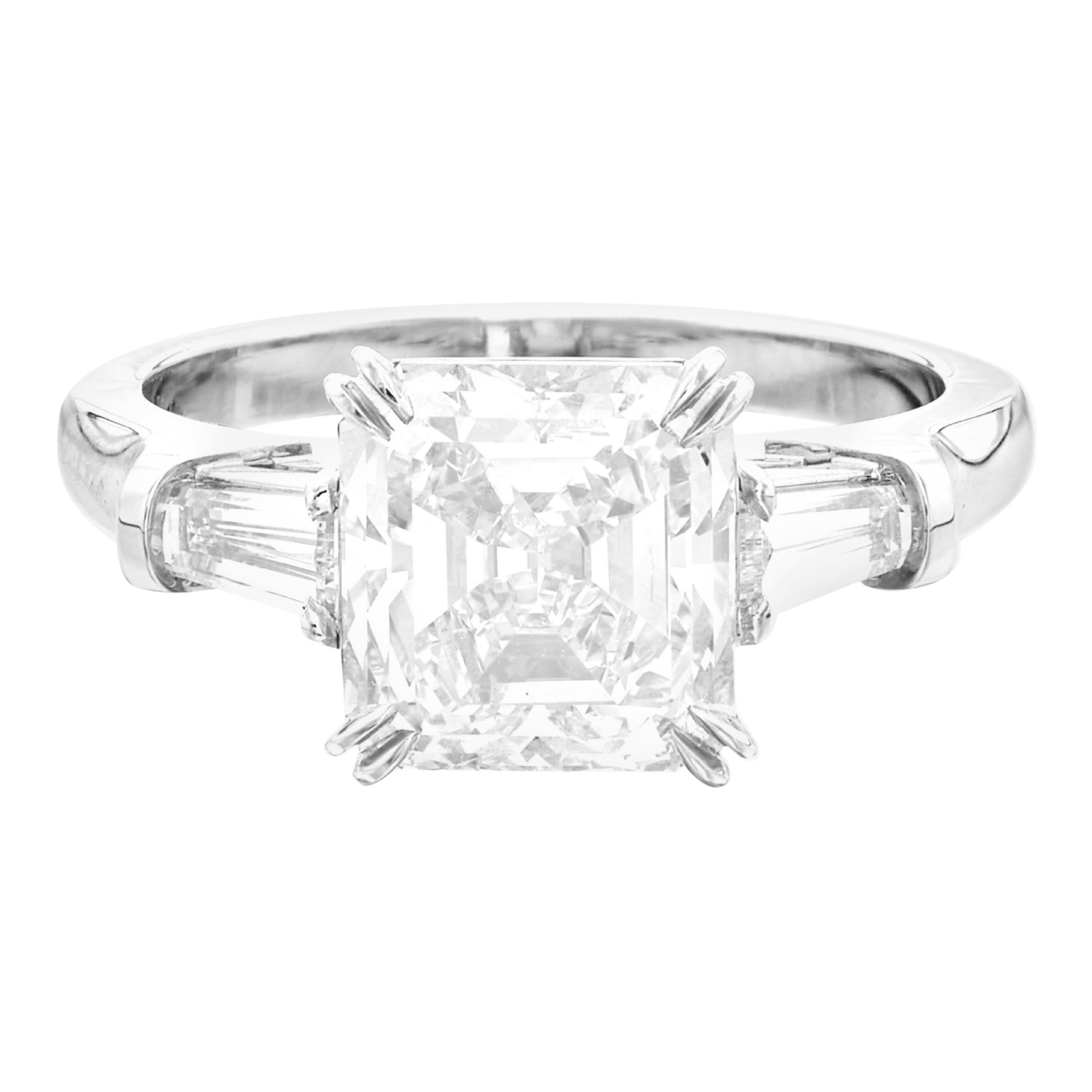 GIA Certified 3 Carat E VS2 Emerald Cut Diamond Platinum Ring For Sale