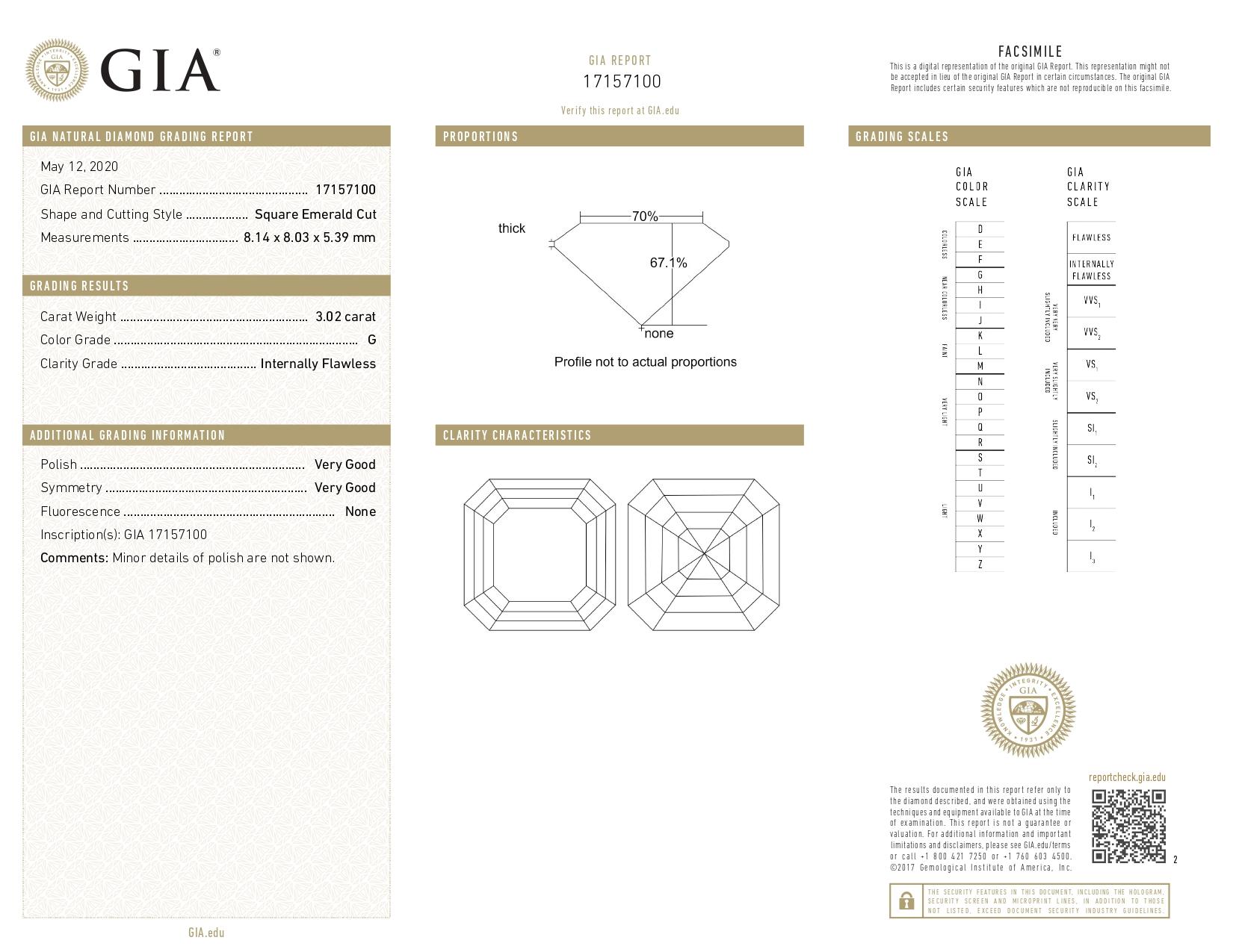 GIA-zertifizierter 3,02 Karat quadratischer Diamant im Smaragdschliff IF Reinheit mit Trillion (Carréeschliff) im Angebot