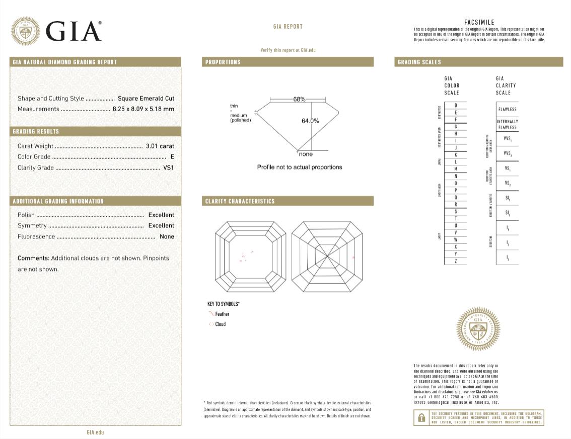 Verlobungsring mit GIA-zertifiziertem 3 Karat Diamant im Smaragdschliff im Zustand „Neu“ im Angebot in Chicago, IL