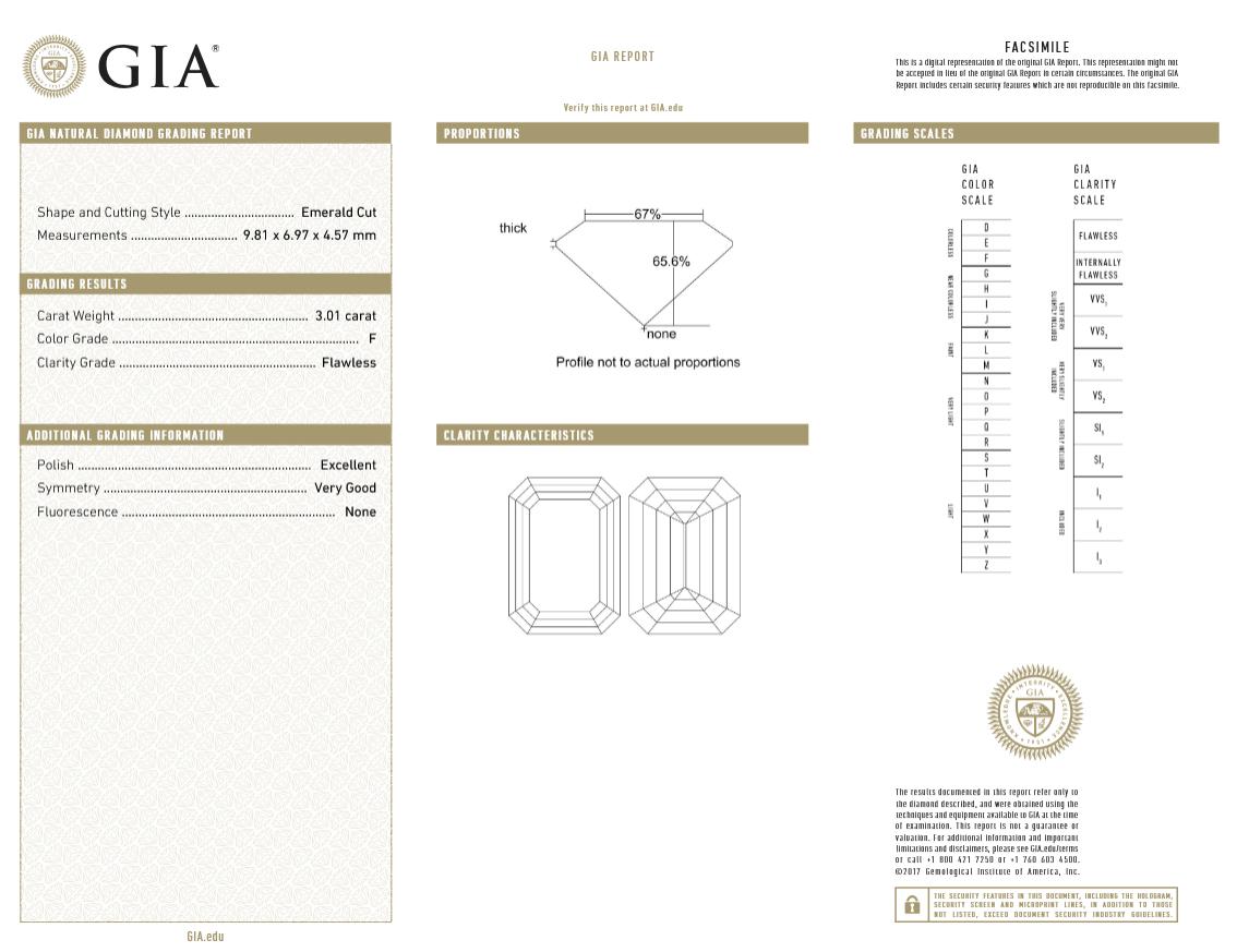 Taille émeraude GIA Certified 3 Carat Emerald Cut Diamond Platinum Ring FLAWLESS D COLOR en vente